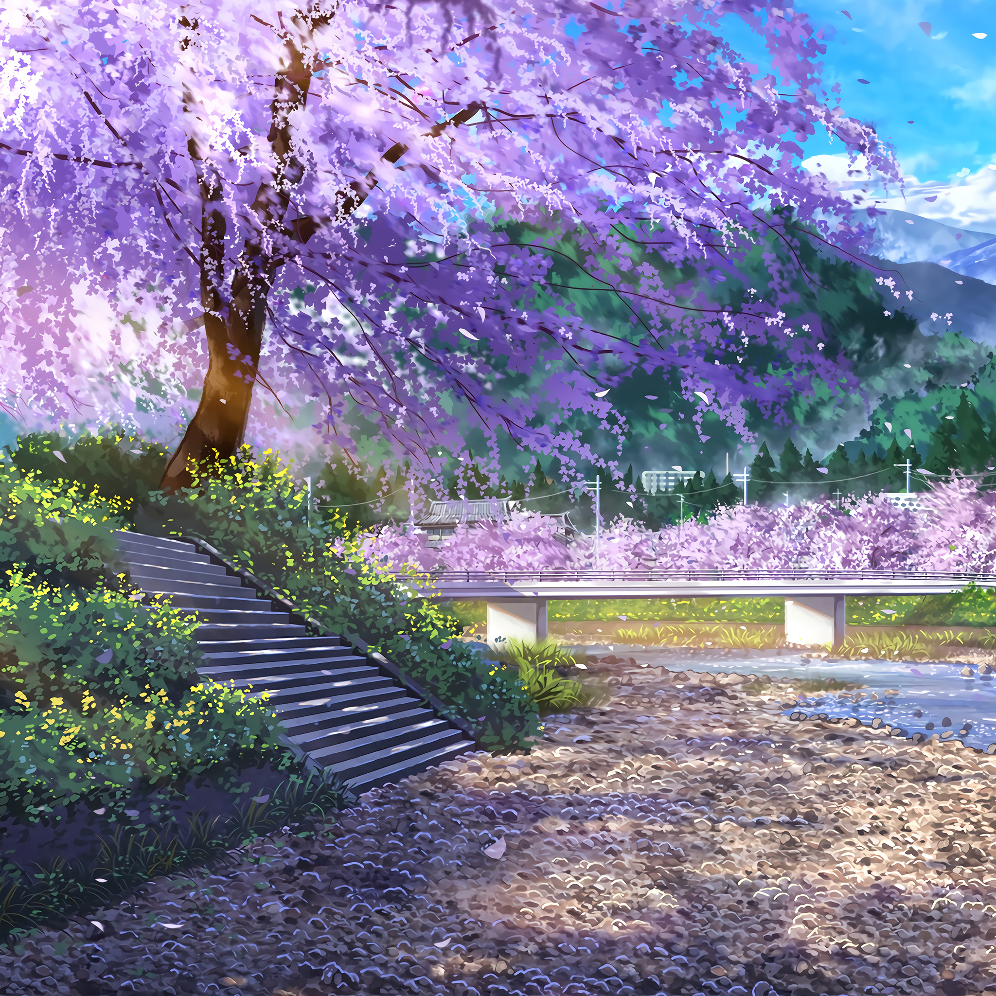 Anime 2048x2048 anime trees plants stairs outdoors