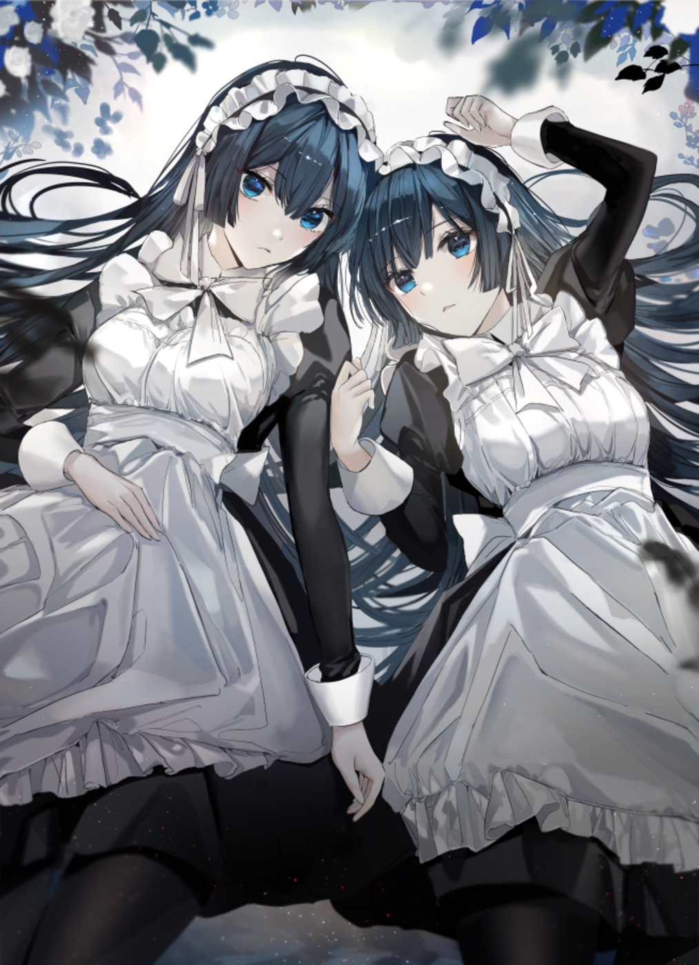 Anime 1014x1400 anime anime girls original characters twins maid maid outfit dress long hair artwork digital art fan art NaruHana dark hair blue eyes