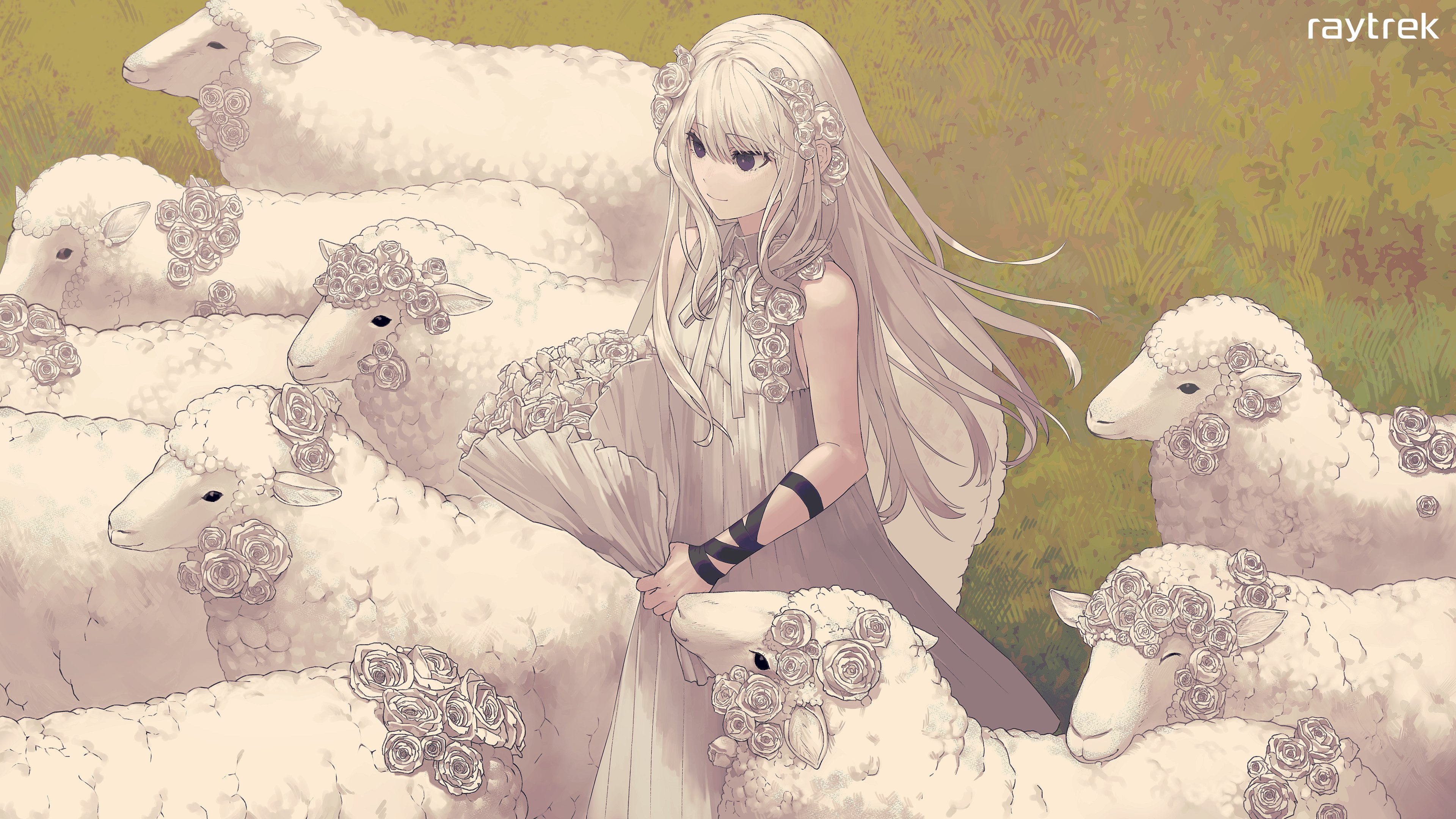 Anime 3840x2160 anime anime girls original characters sheep dress white hair flowers