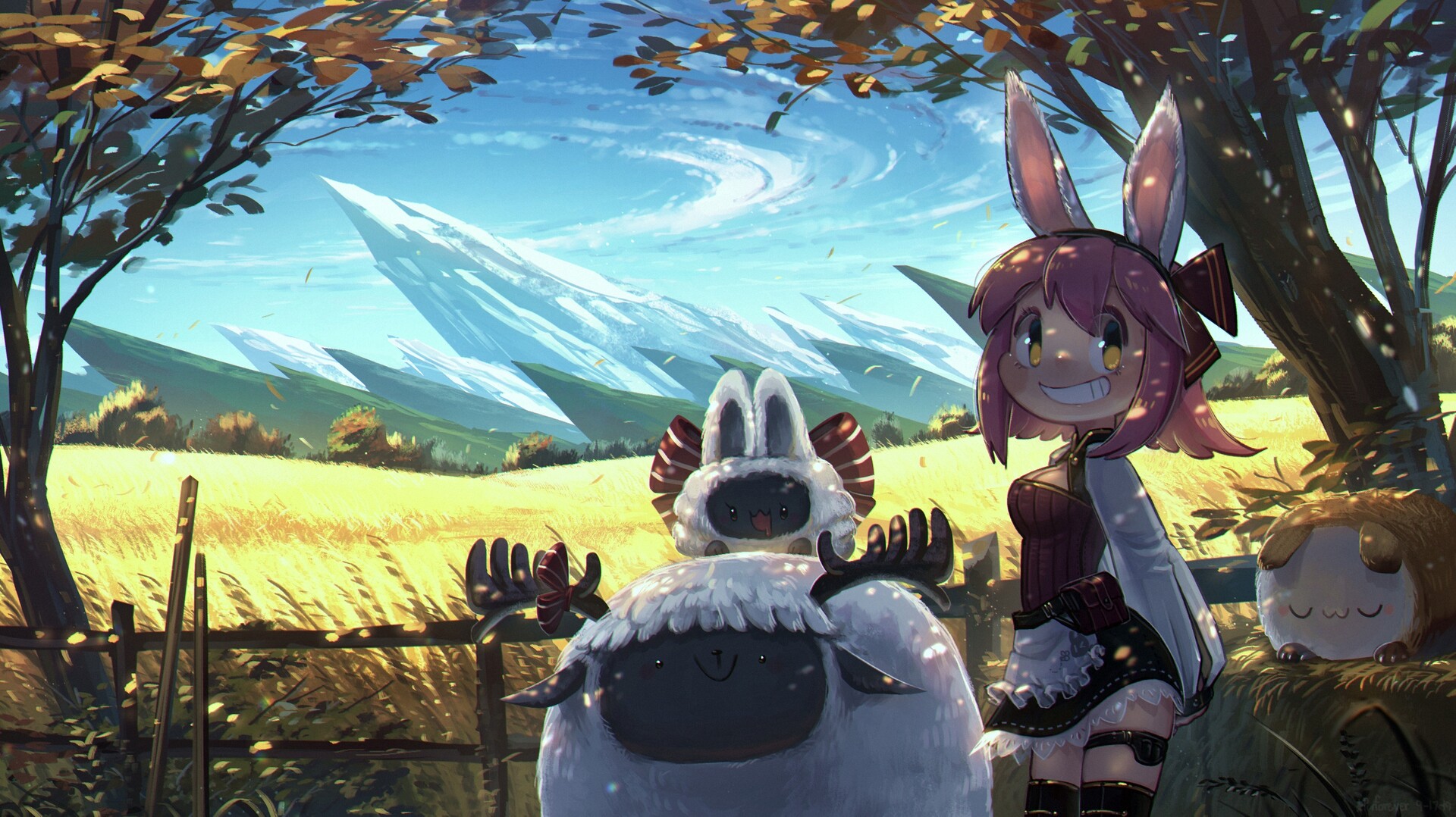Anime 1920x1078 Porforever digital art fantasy art mountains bunny girl clouds wheat