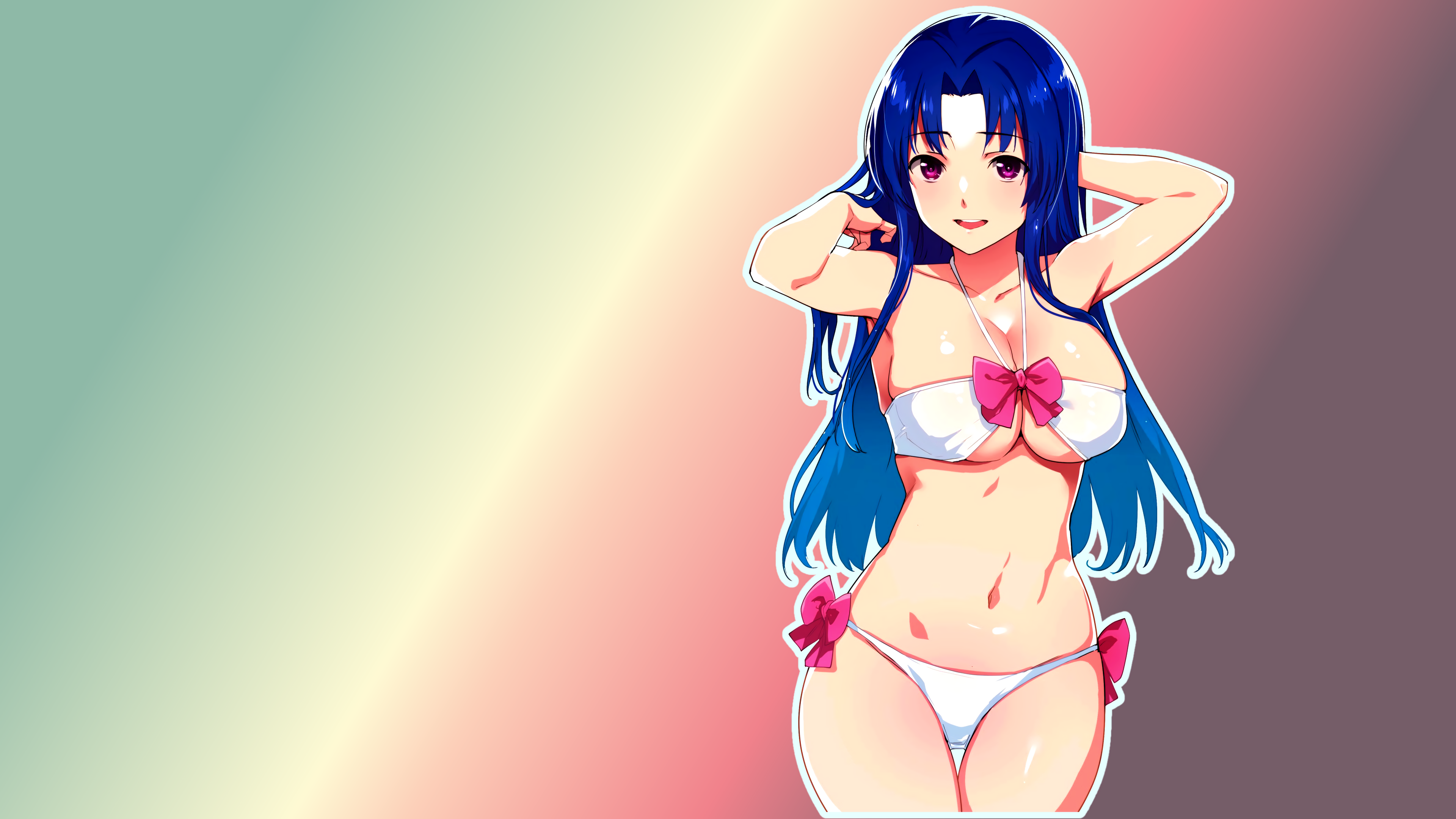 Anime 3840x2160 Toradora! Kawashima Ami blue hair bikini ribbon cleavage strapless bras big boobs long hair purple eyes anime girls