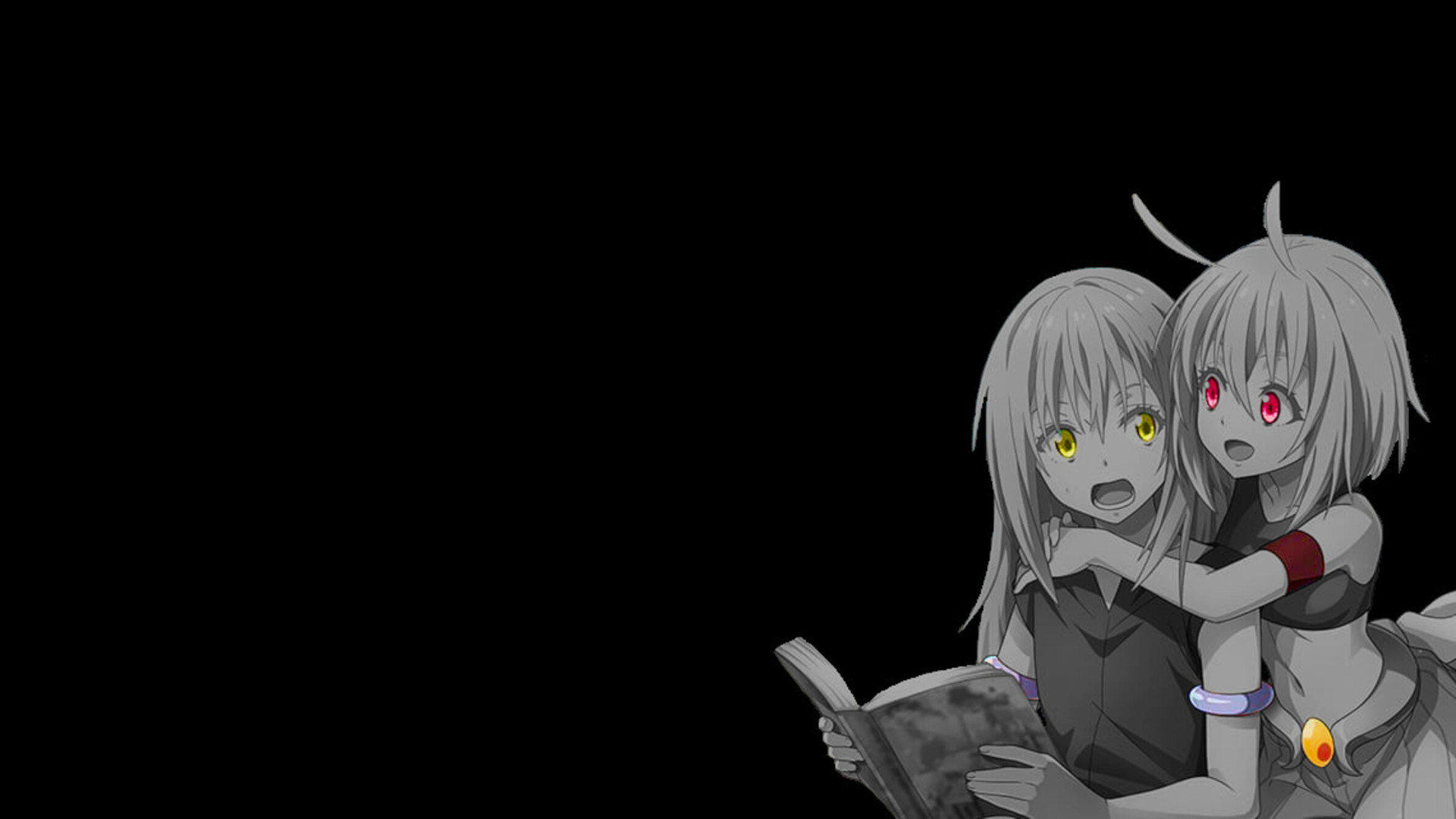 Anime 1920x1080 monochrome selective coloring anime girls anime yellow eyes red eyes two women books open mouth simple background