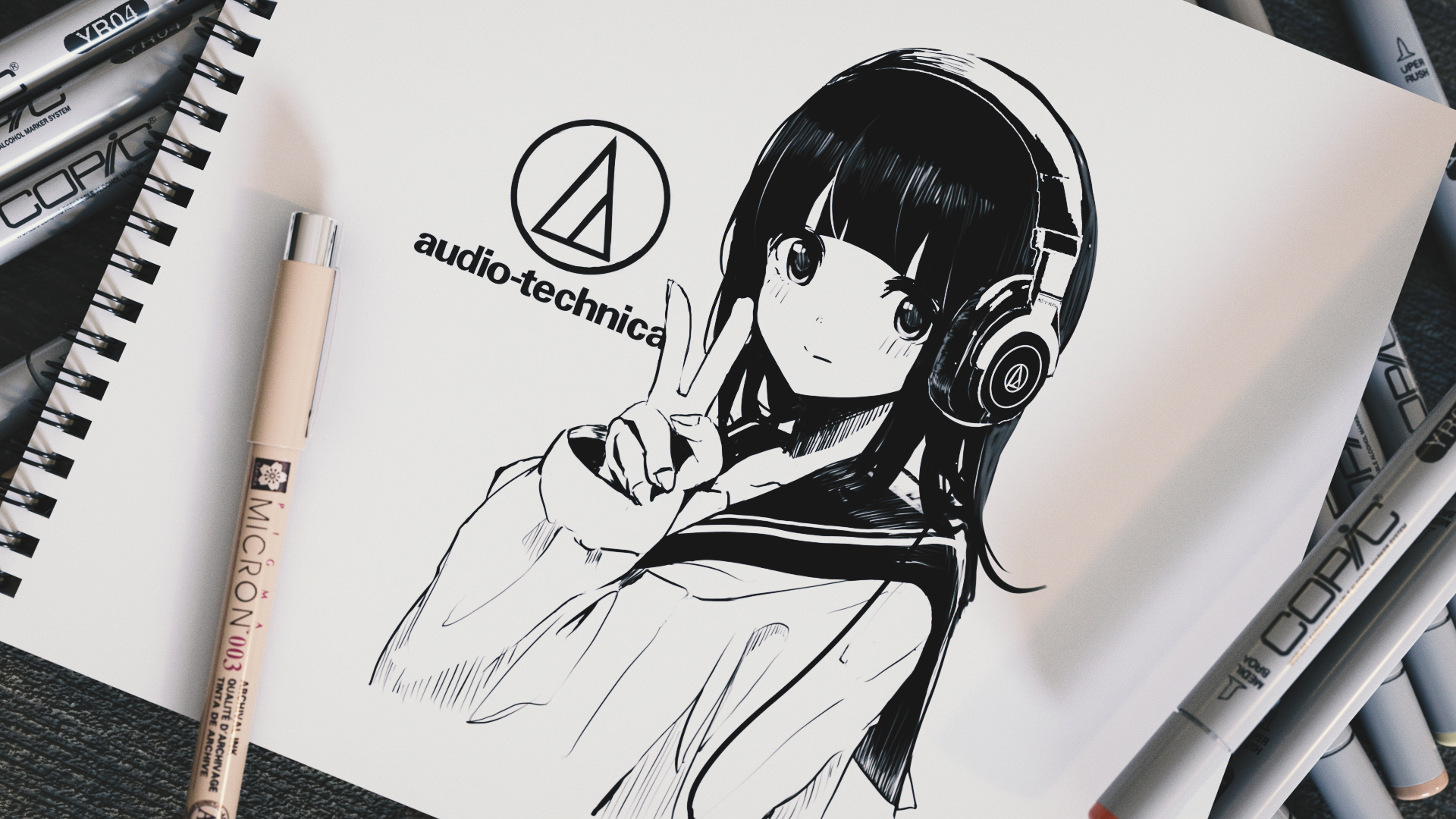 Anime 1920x1080 painting monochrome artwork Hanecha1220 anime girls headphones audio-technica school uniform