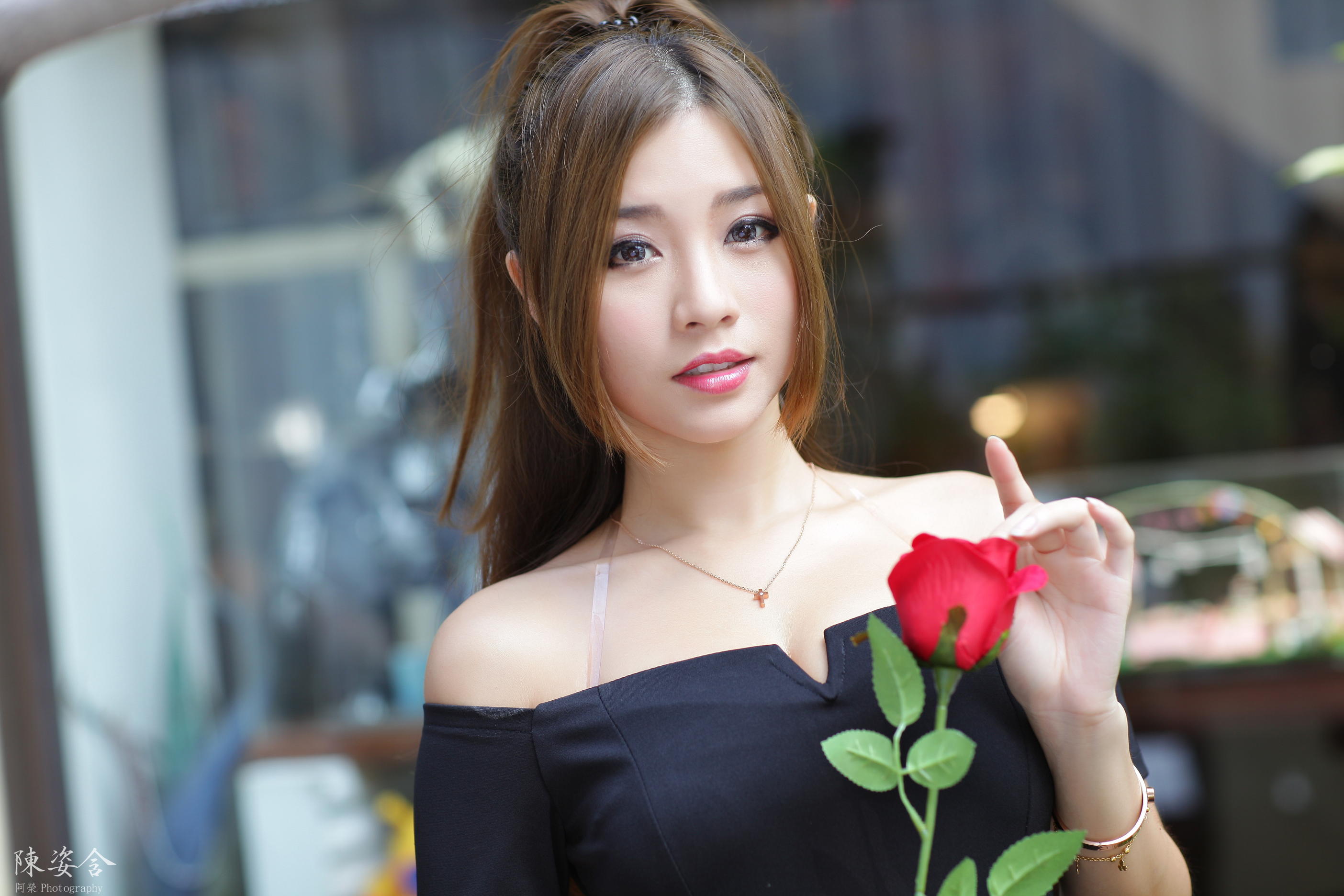 People 2808x1872 Asian model women long hair brunette depth of field ponytail rose necklace bare shoulders black top bra straps