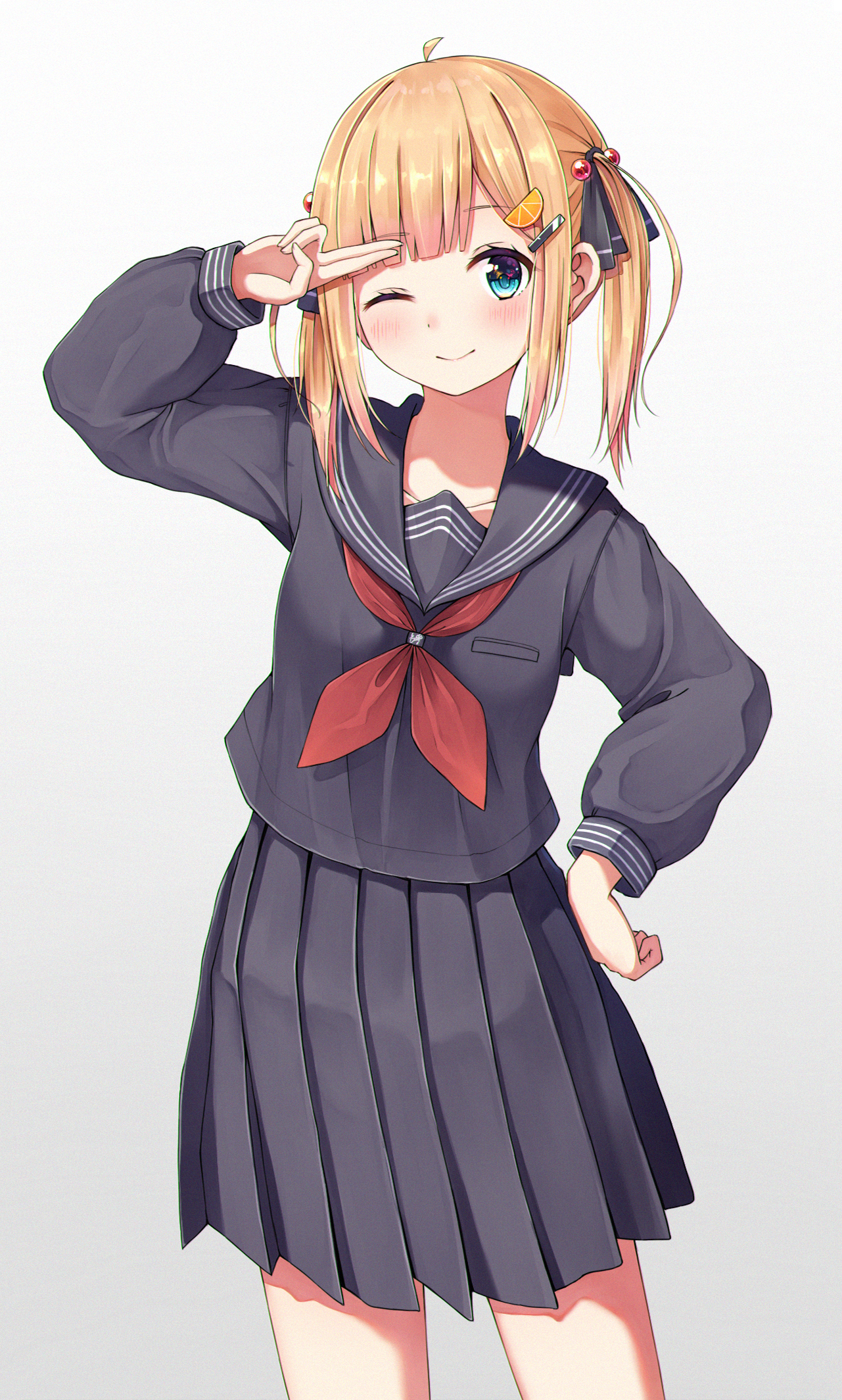 Anime 1281x2129 anime girls one eye closed wink simple background blonde portrait display blue eyes smiling school uniform Enuni anime standing looking at viewer white background