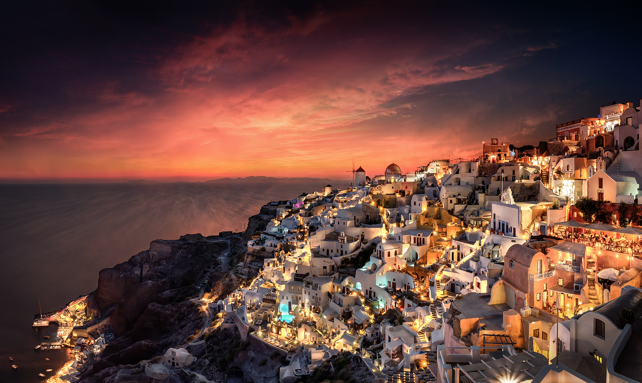 General 2048x1224 Greece house building architecture sunset water clouds sky night lights HDR cityscape outdoors photography Pawel Olejniczak urban windmill cliff Santorini