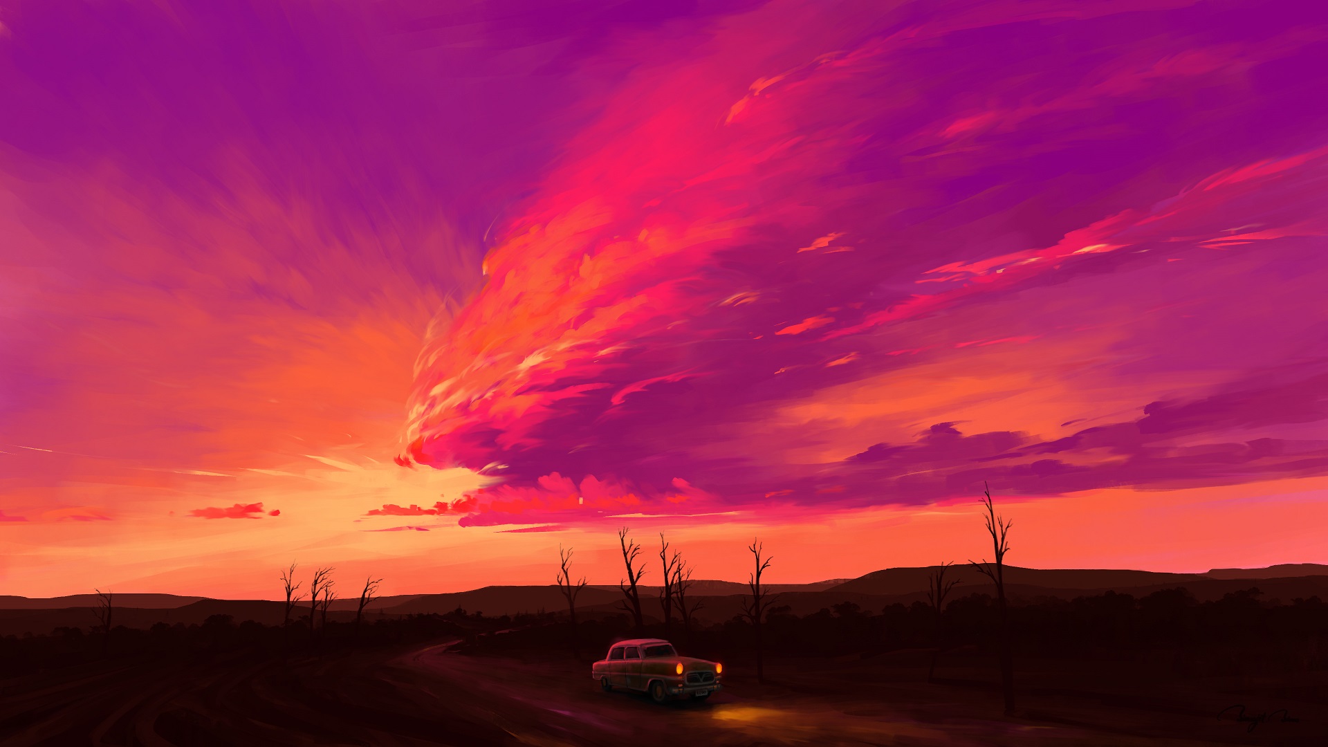 General 1920x1080 digital painting artwork sky car sunset clouds landscape BisBiswas