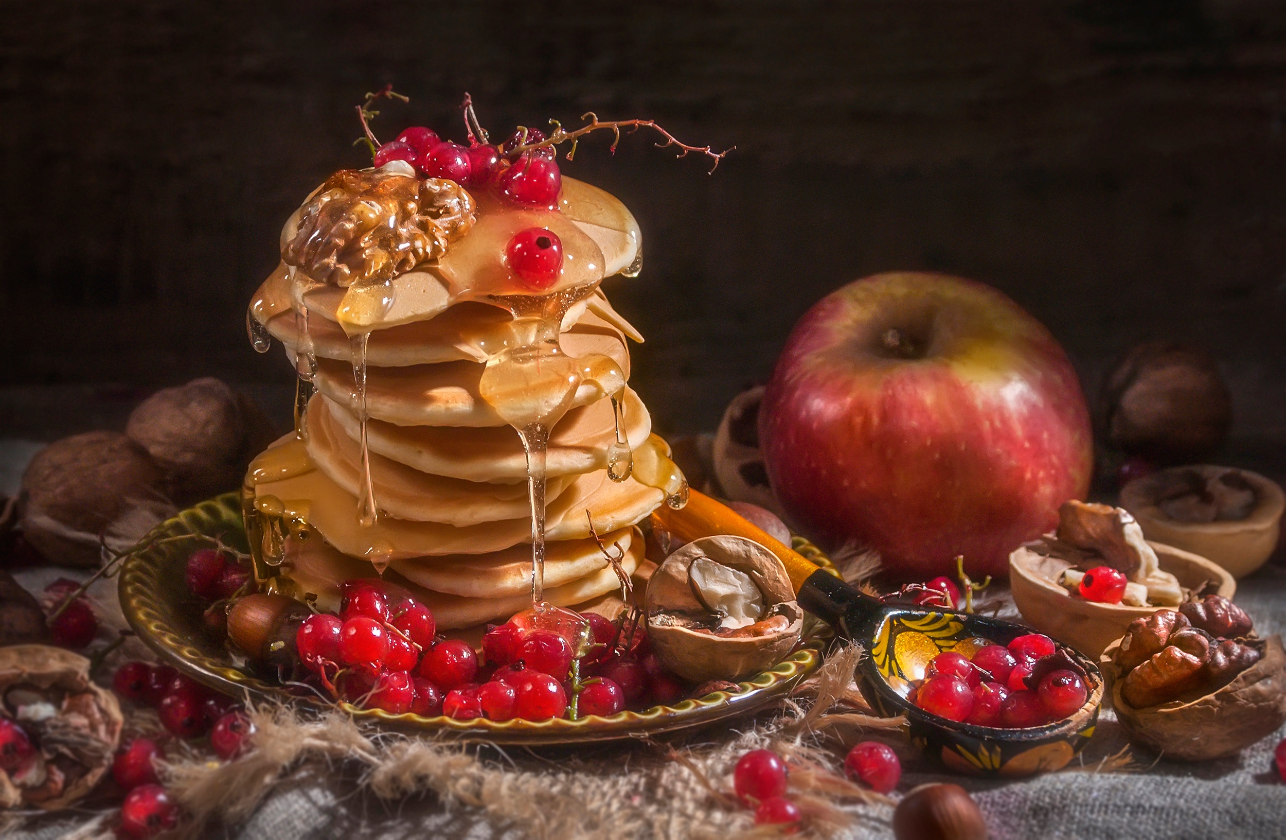 General 2500x1632 food sweets pancakes honey apples fruit berries red currant walnuts syrup