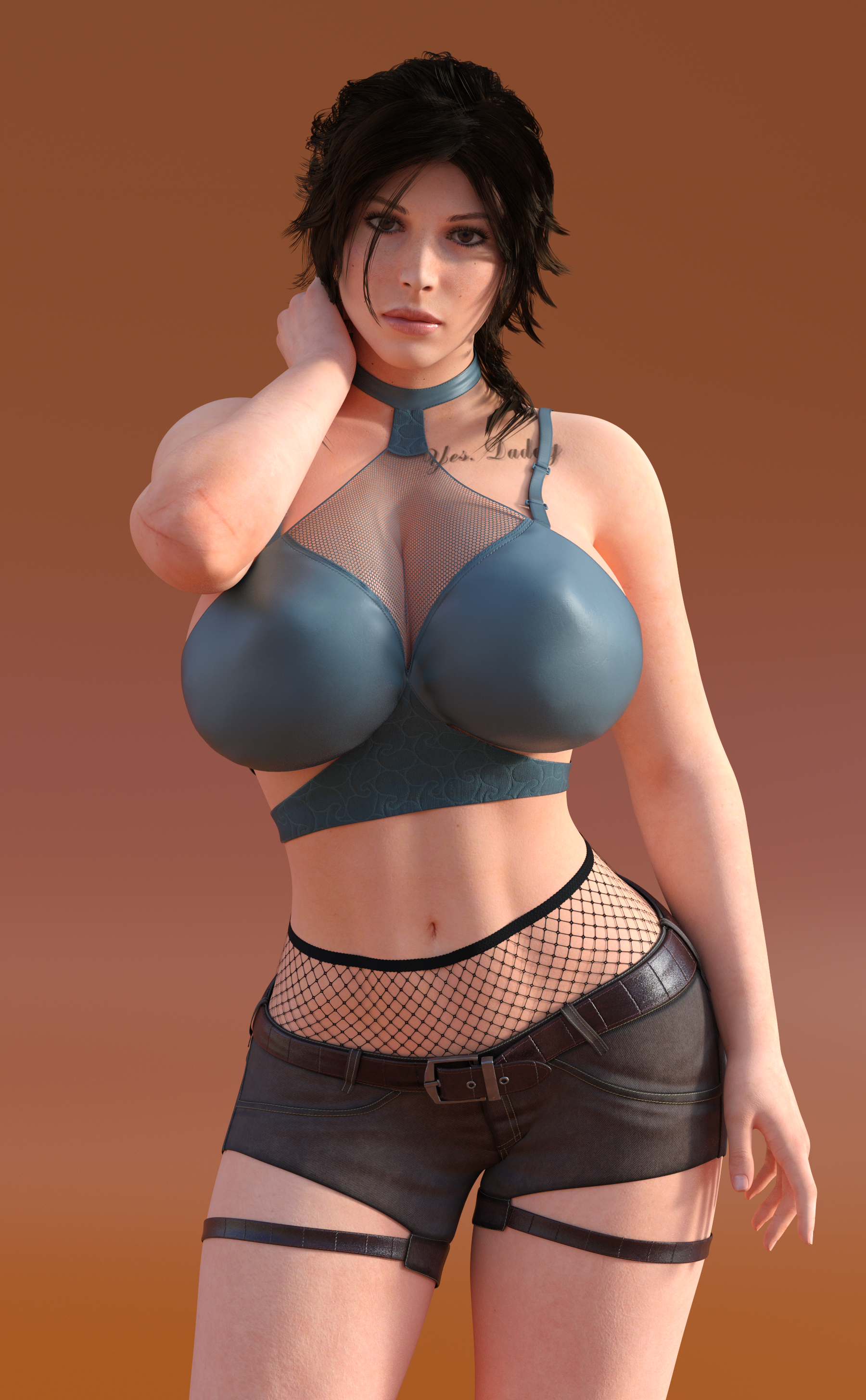 General 1800x2912 Tomb Raider big boobs boobs Daz 3D alone brunette bare midriff curvy short shorts shorts tattoo CGI 3dx skimpy clothes Lara Croft (Tomb Raider) video game girls video game characters huge breasts bursting breasts gradient simple background belly