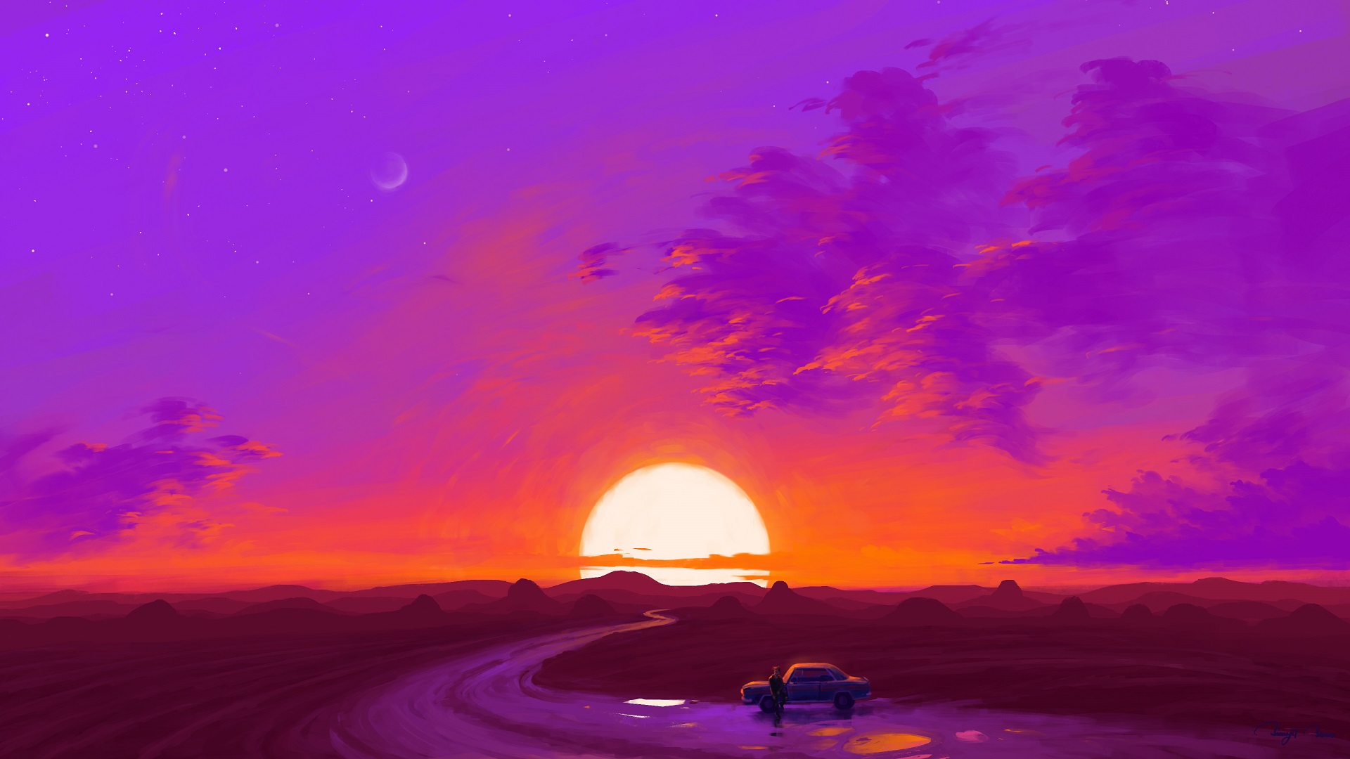 General 1920x1080 digital painting landscape car sunset artwork BisBiswas
