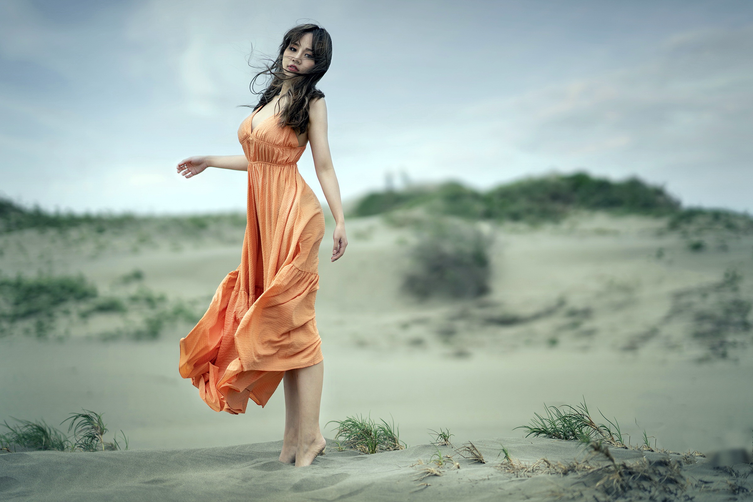 People 2400x1600 Asian women model dress orange dress women outdoors barefoot dark hair looking at viewer standing tiptoe brunette sand