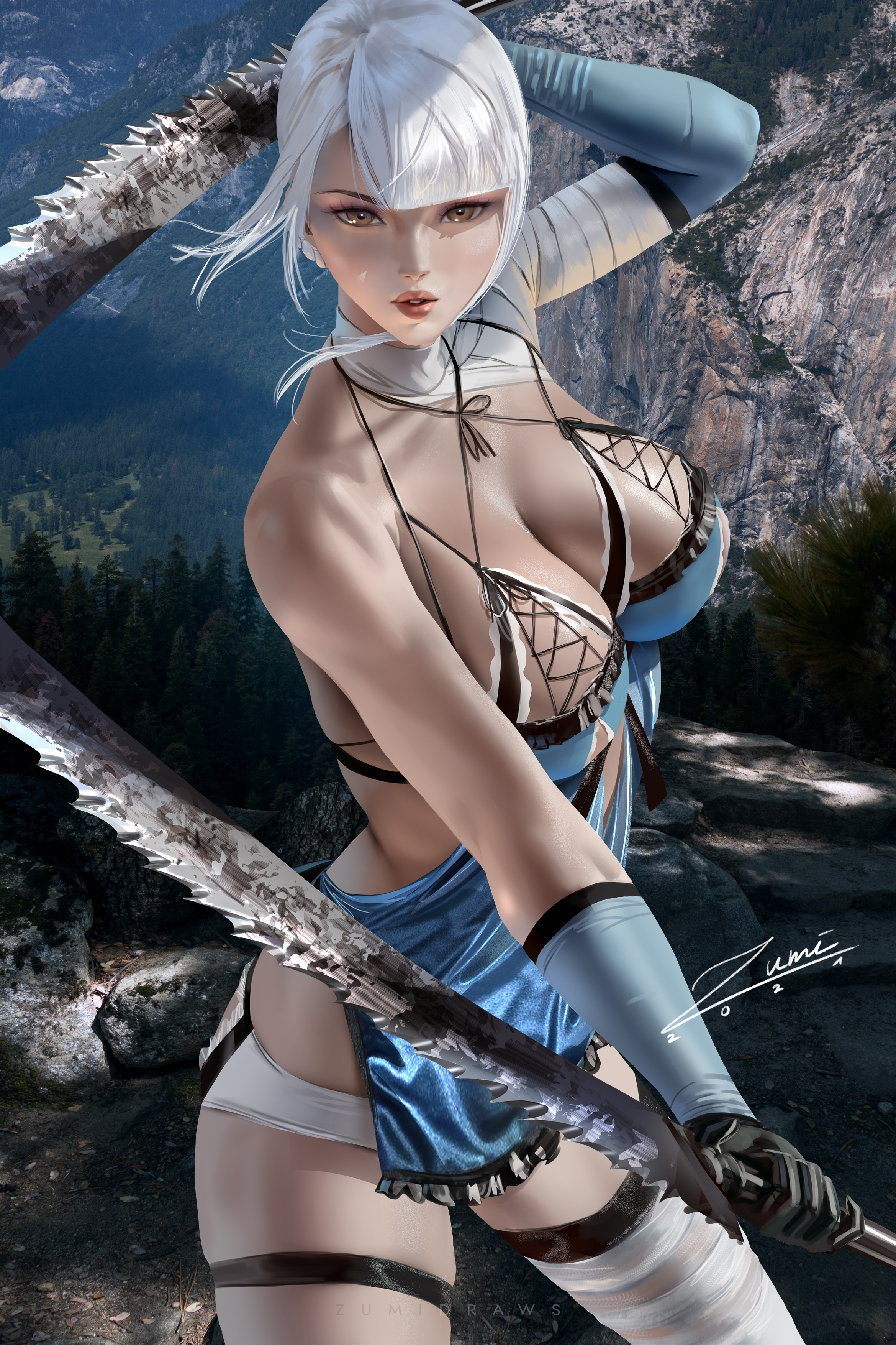 General 2339x3508 Kaine (NieR) Nier: Automata video game girls video games video game characters white hair bangs looking at viewer parted lips cleavage babydolls hiphuggers panties thigh-highs bandages sword weapon portrait display artwork drawing digital art illustration fan art Zumi