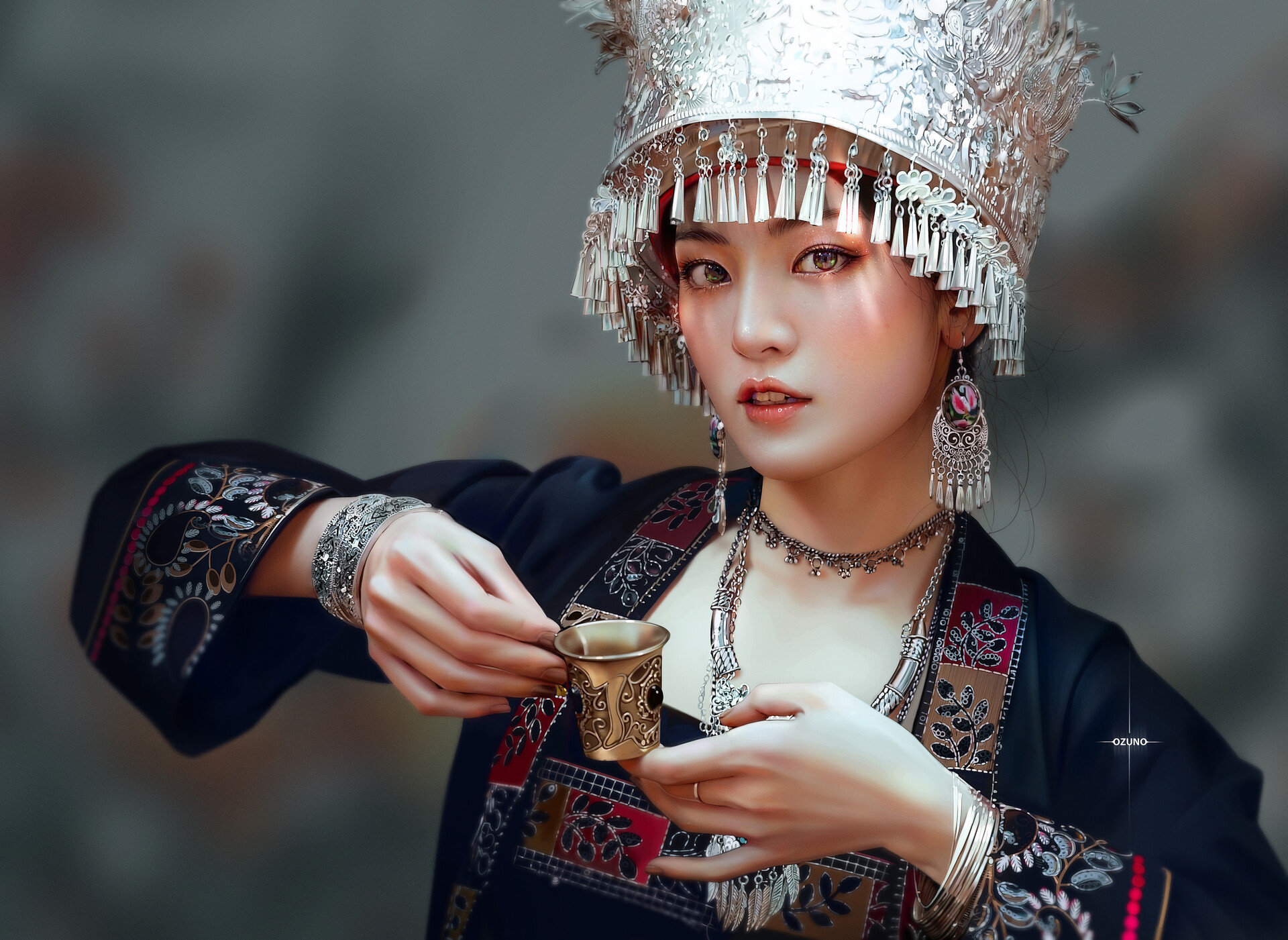 General 1920x1401 Huy Ozuno juicy lips looking at viewer cup open mouth women digital art depth of field blurry background hands artwork ArtStation Chinese clothing hanfu