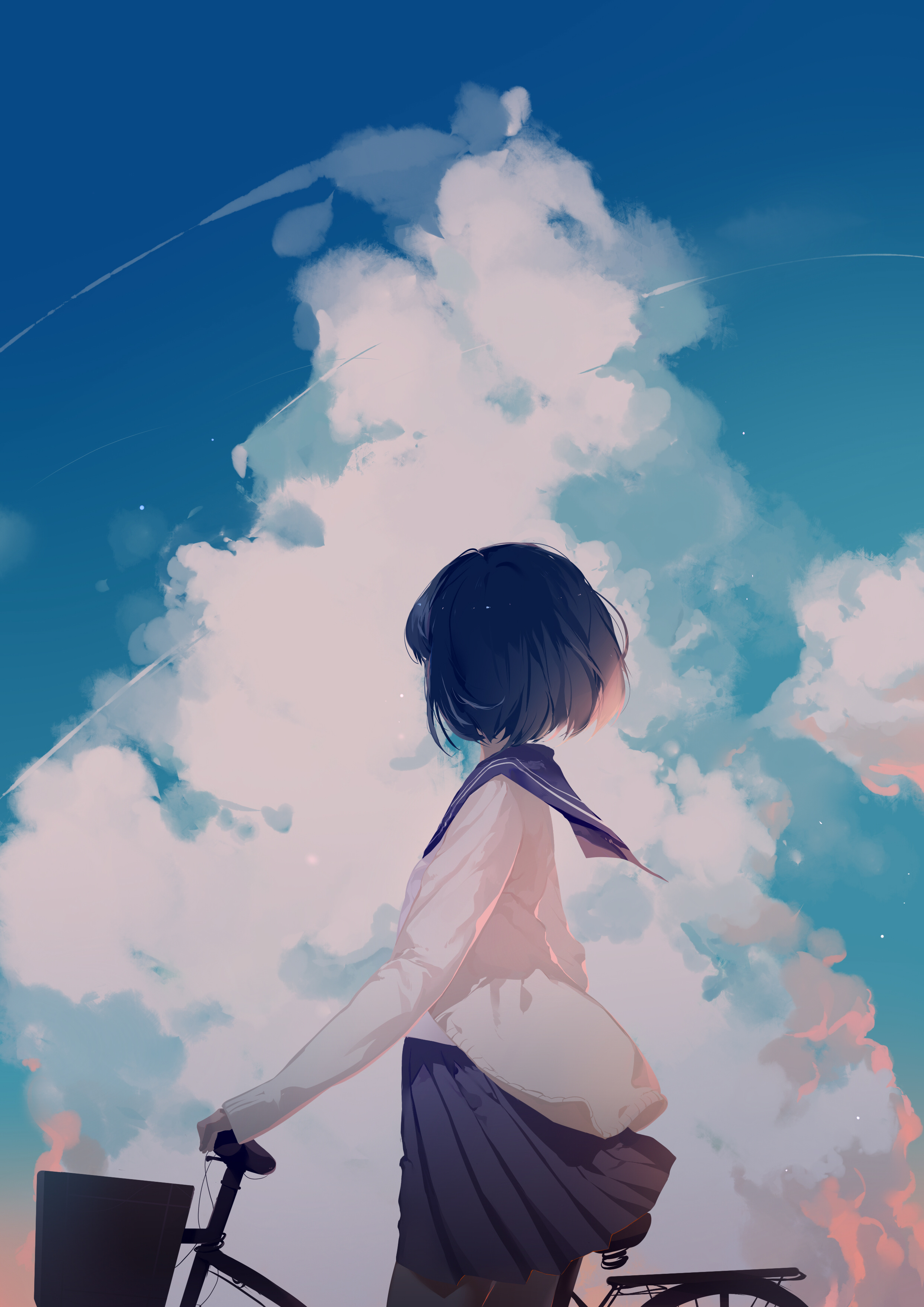 Anime 2480x3507 anime girls clouds sky dark hair bicycle vehicle women with bicycles