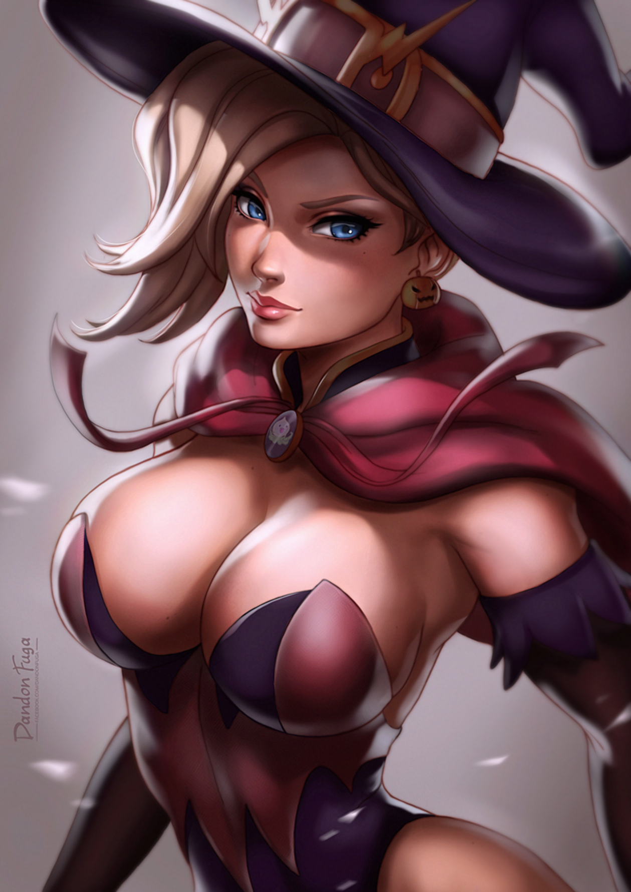 General 1259x1781 Dandonfuga drawing Overwatch Mercy (Overwatch) hat blonde short hair blue eyes cape bodysuit cleavage costumes Halloween witch simple background women Witch Mercy (Overwatch)