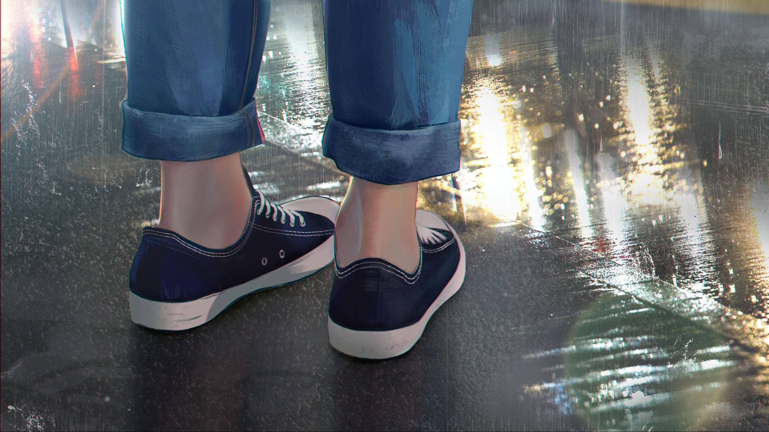 Anime 2596x1459 sneakers legs street asphalt wet street city lights road wet water drops urban water anime jeans rain feet ground