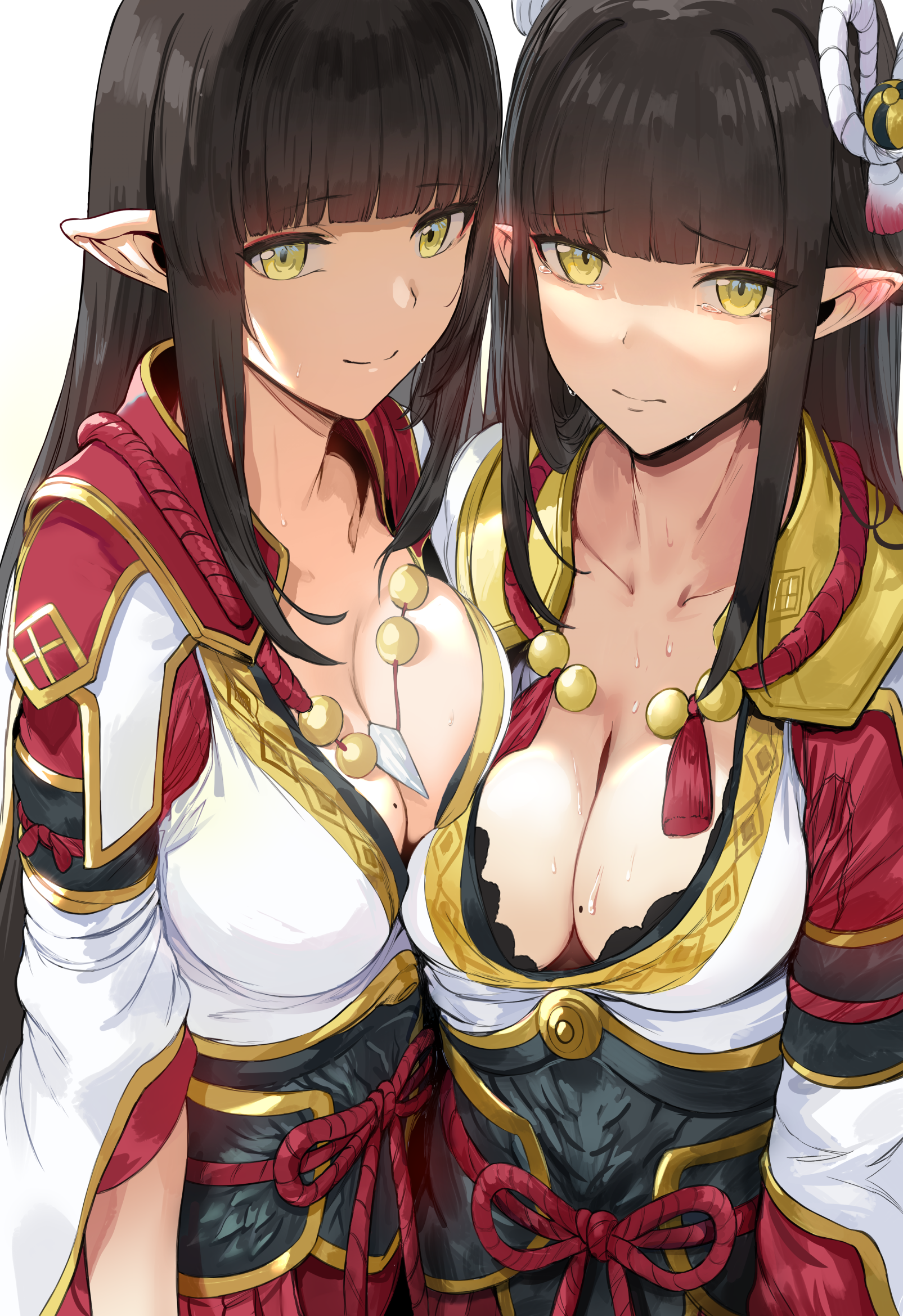Anime 1605x2339 Hinoa Minoto Monster Hunter Monster Hunter Rise video games video game girls twins fantasy girl pointy ears bangs brunette long hair looking at viewer cleavage boobs on boobs artwork drawing digital art illustration fan art sweat Hews anime anime girls low neckline