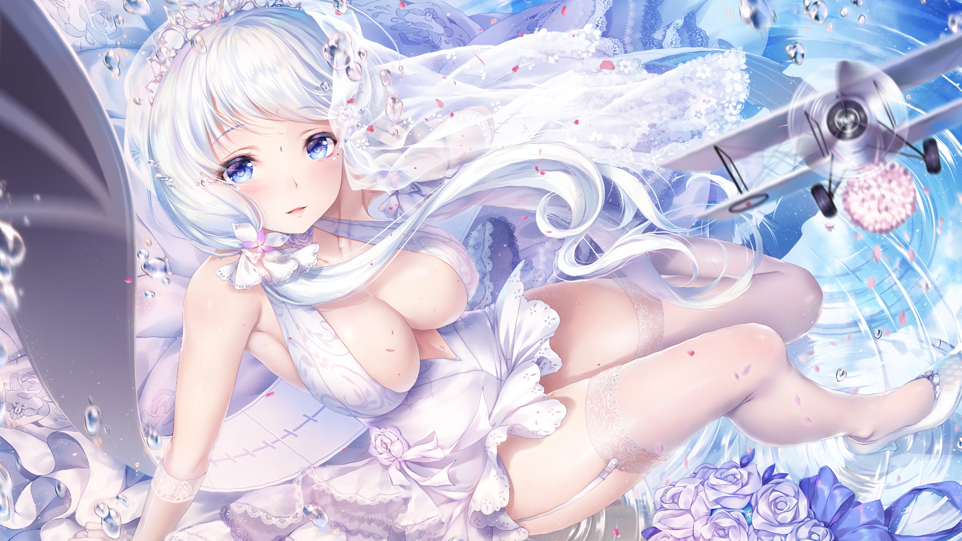 Anime 1920x1080 white hair Azur Lane blue eyes wedding dress thigh-highs cleavage anime girls artwork Illustrious (Azur Lane) Paint Musume