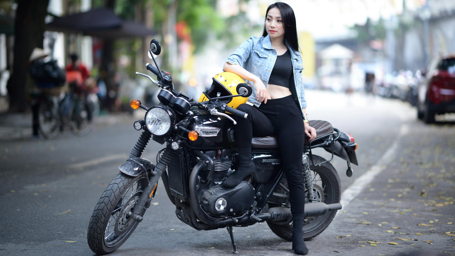 People 1920x1080 Asian model women long hair dark hair sitting biker girl boots motorcycle Triumph