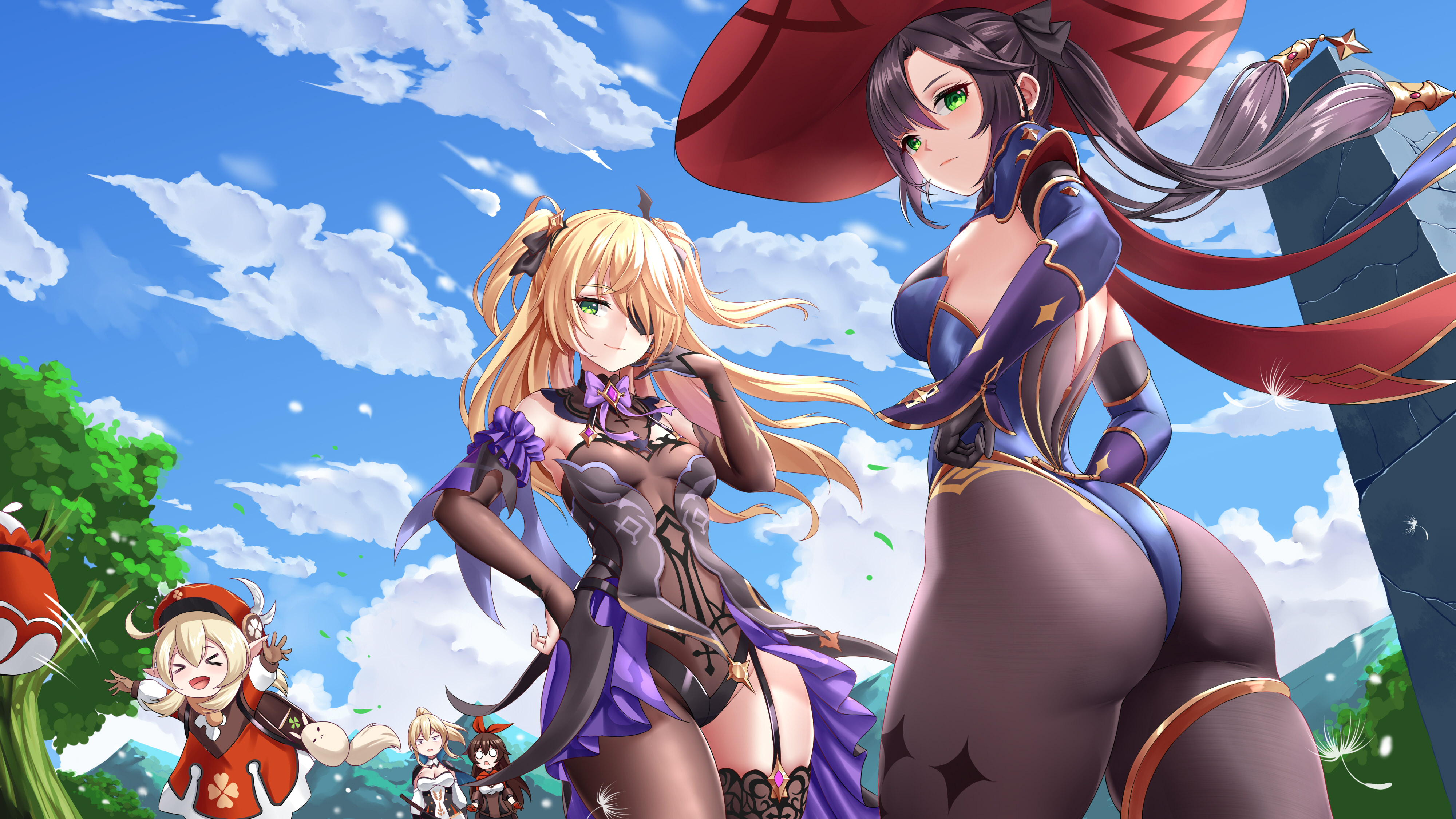 Anime 4000x2250 anime girls Genshin Impact Mona (Genshin Impact) Fischl (Genshin Impact) Klee (Genshin Impact) Amber (Genshin Impact) Jean (Genshin Impact) ass thighs wide hips green eyes low-angle looking below clear sky looking back see-through clothing women outdoors group of women