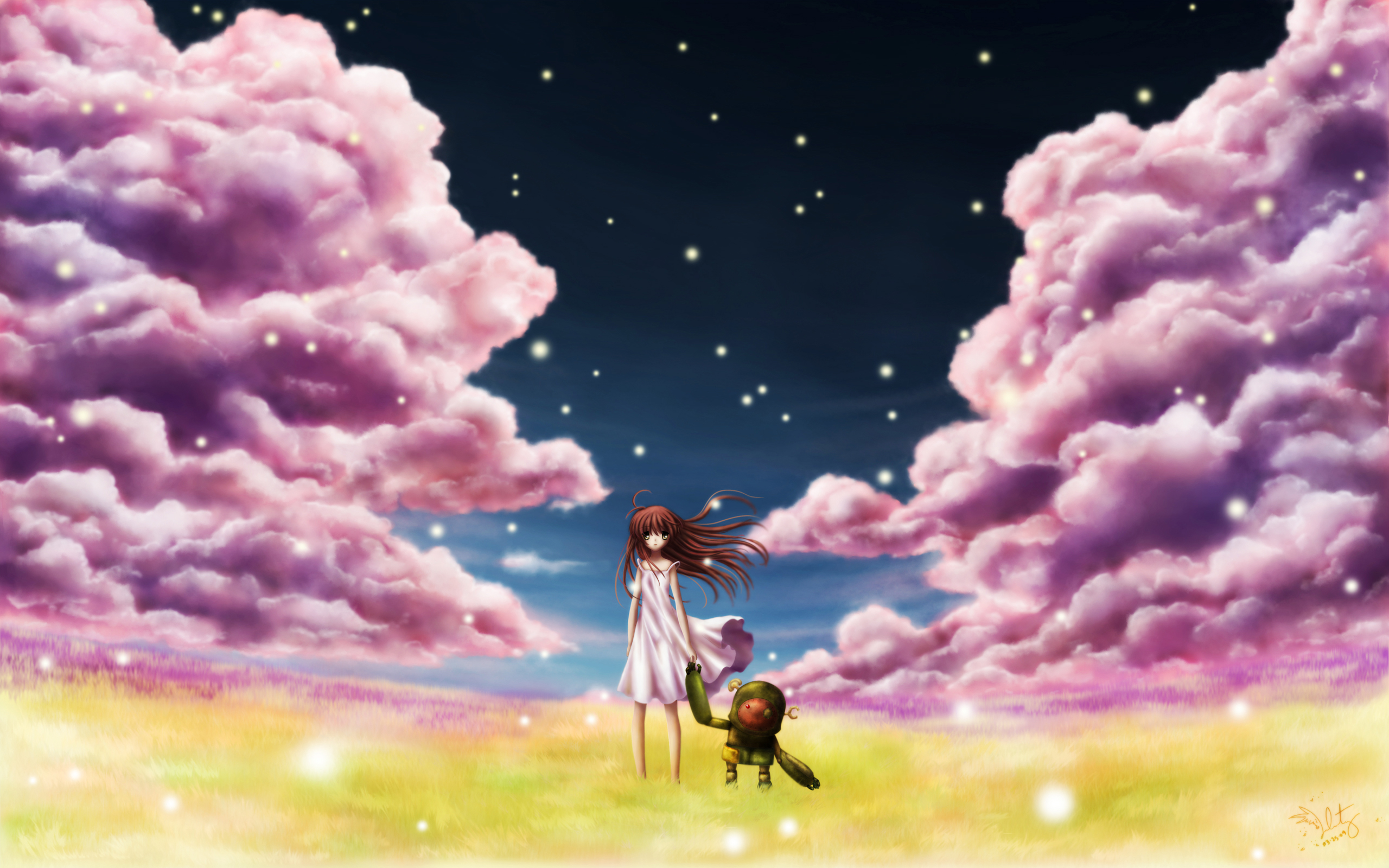 Anime 2560x1600 anime anime girls sky clouds stars long hair outdoors field Clannad