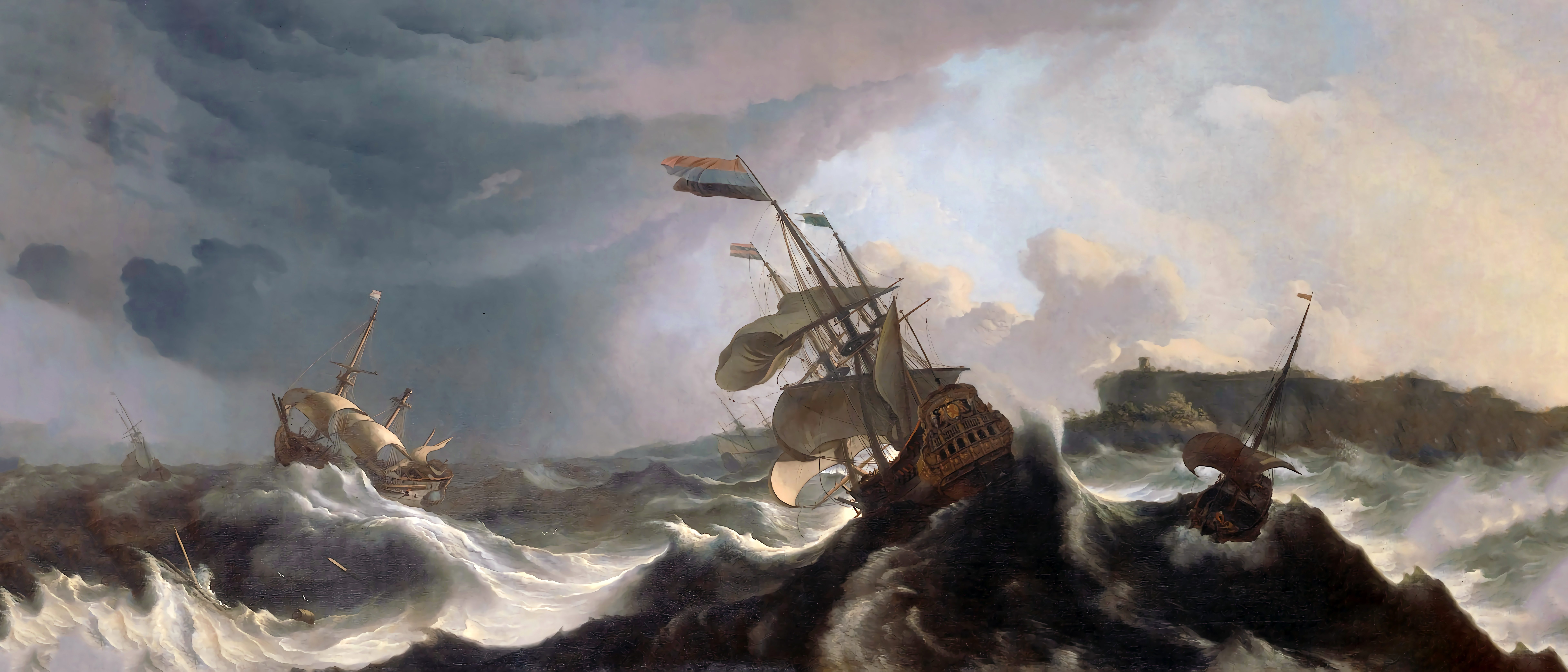 General 9724x4167 traditional art classic art warship ocean battle waves clouds Bakhuysen ultrawide ship VoC