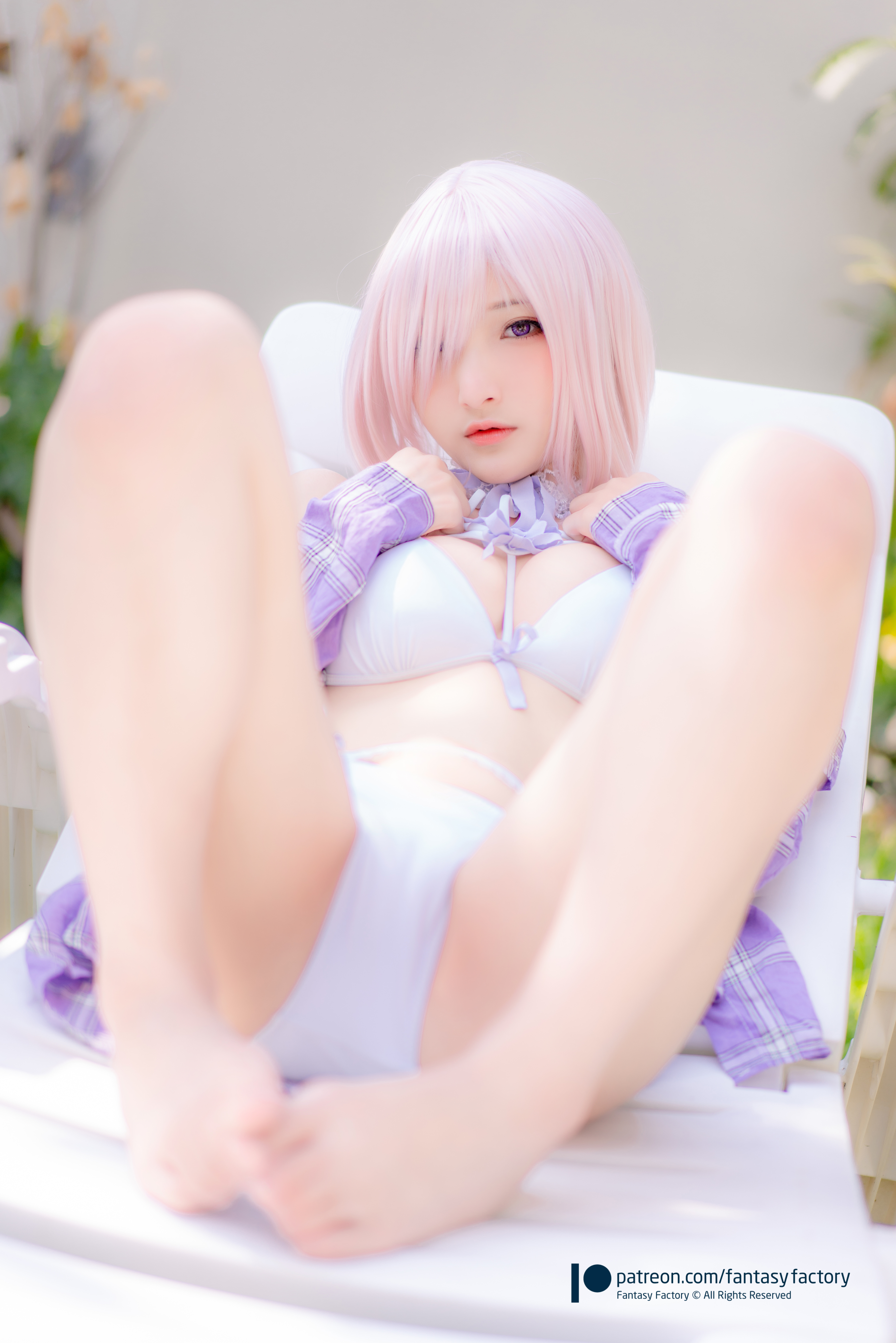People 3597x5393 Fantasy Factory women model Asian cosplay Mash Kyrielight Fate/Grand Order Fate series shirt underwear bra panties barefoot bokeh looking at viewer outdoors women outdoors pool chair pointed toes