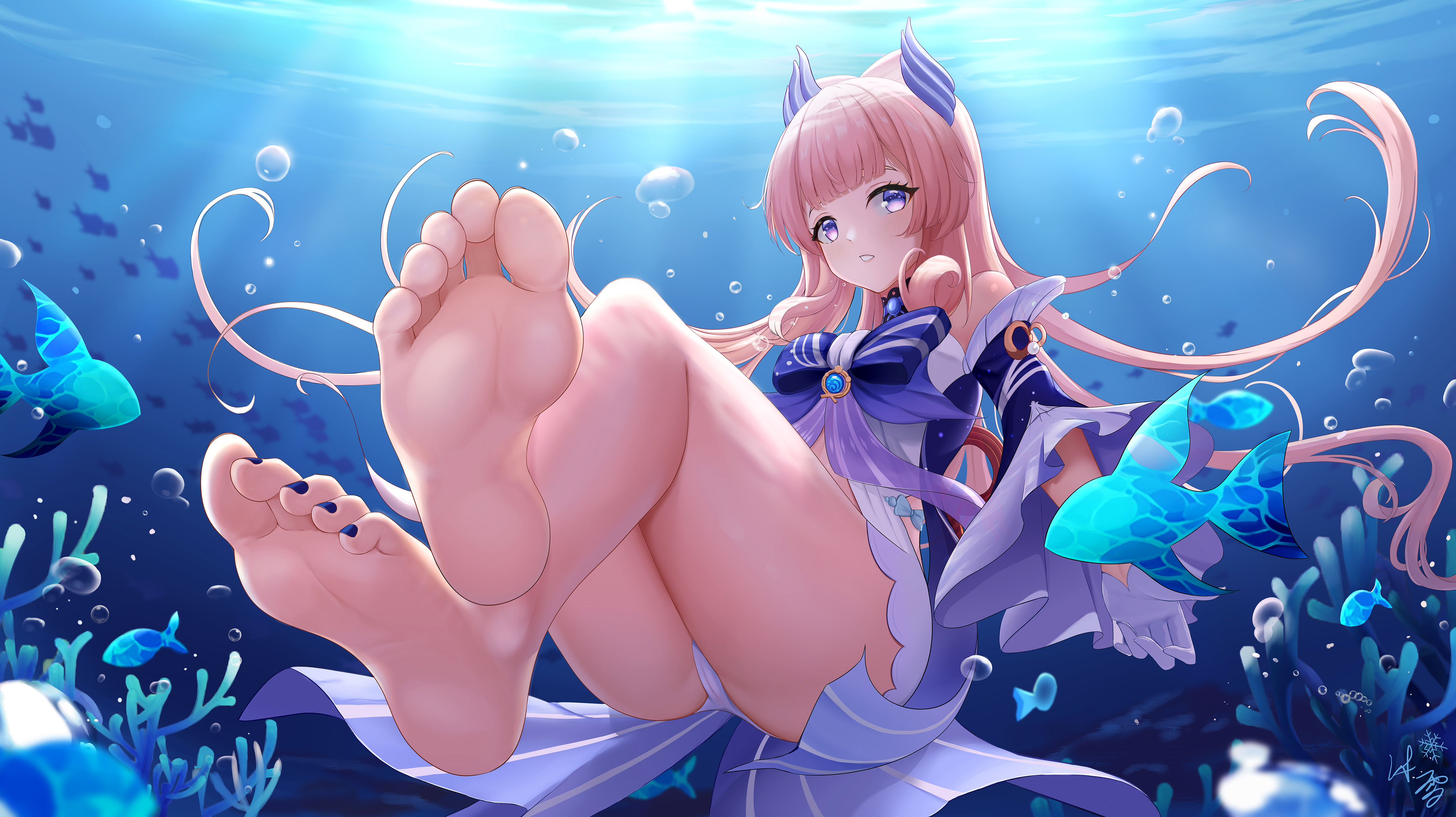 Anime 4420x2481 foot fetishism feet ass upskirt underwater anime anime girls purple eyes fish thighs legs knees pink hair Genshin Impact Sangonomiya Kokomi (Genshin Impact)