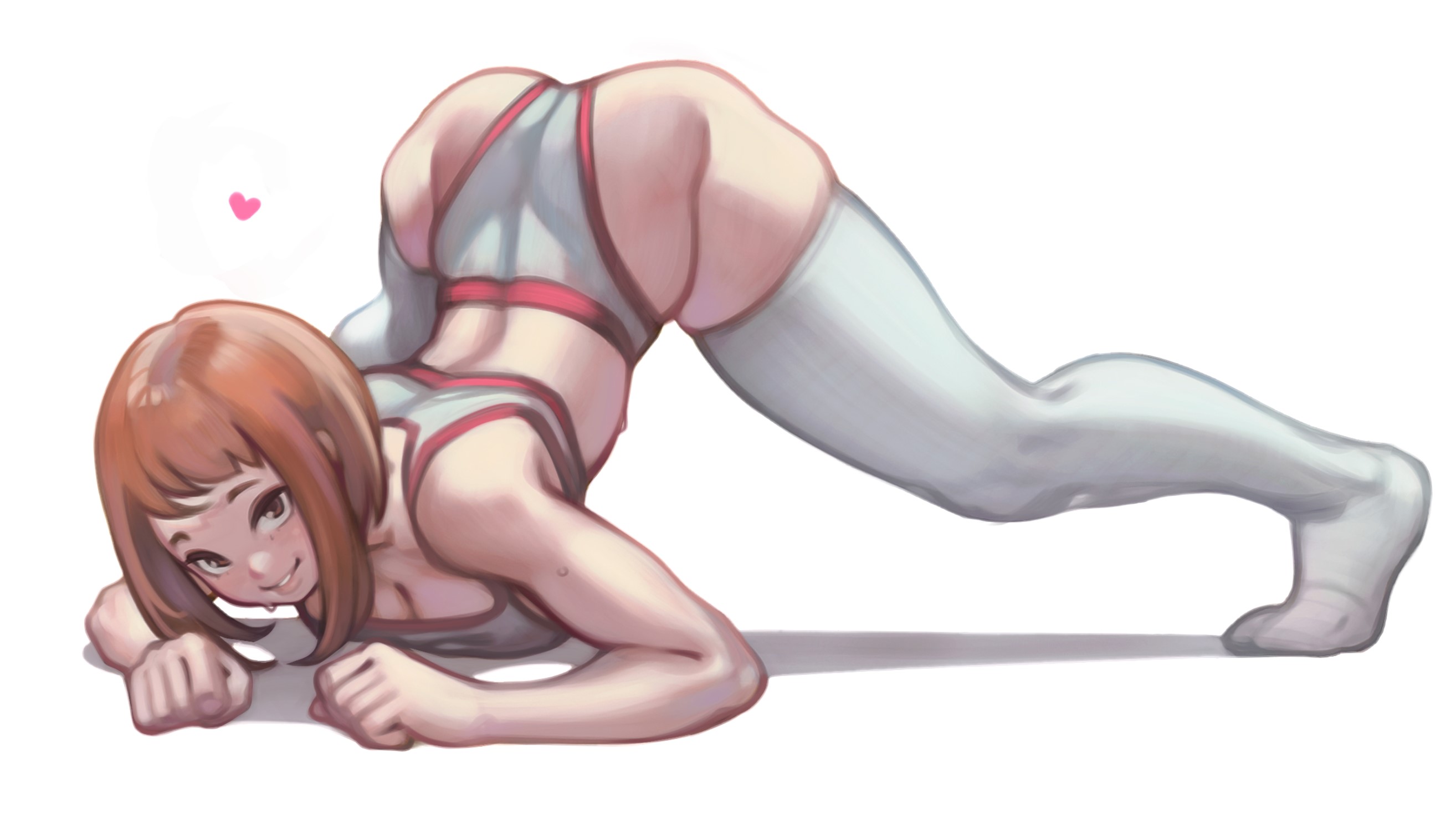 Anime 2628x1478 Uraraka Ochako Boku no Hero Academia anime anime girls digital art simple background looking at viewer smiling sports bra high waisted shorts ass cleavage bent over arched back bottom up thighs thick thigh thick ass thigh-highs thigh high socks underwear heart Jack-O Challenge back