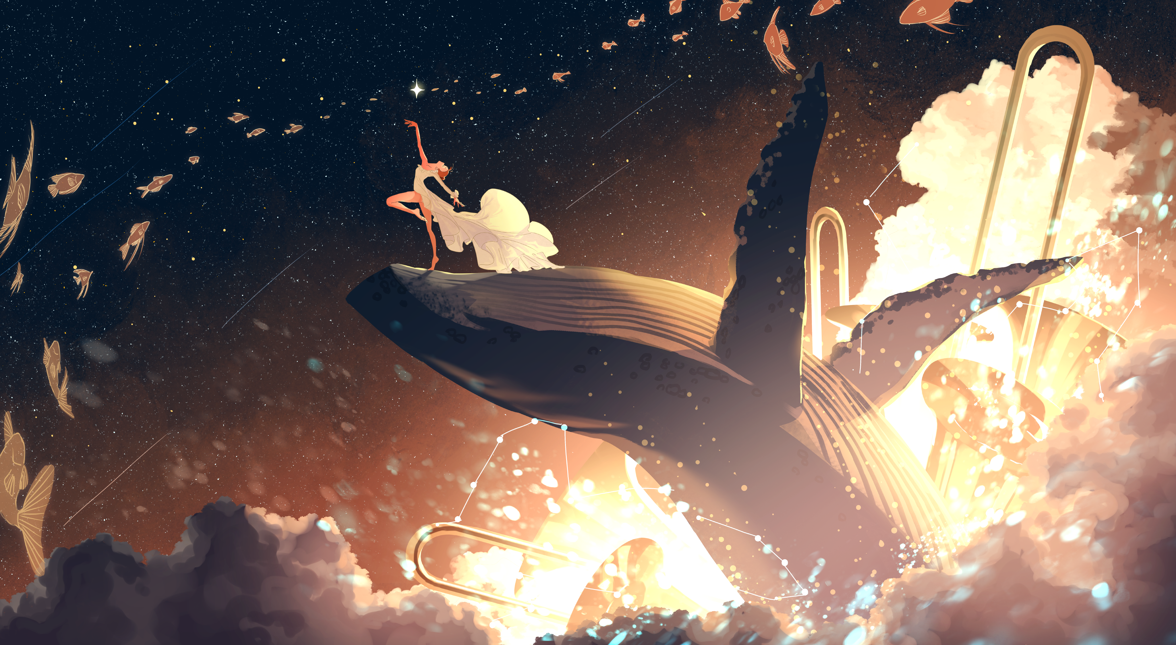 Anime 4096x2246 anime anime girls stars space universe fish clouds whale dancing Trumpet redhead dress