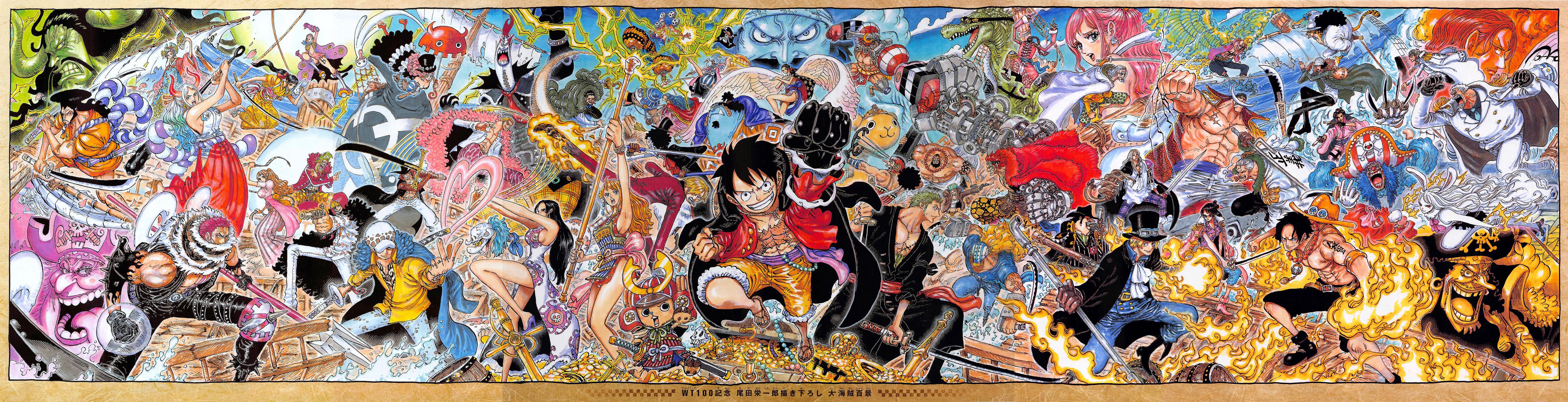 Anime 5436x1392 One Piece manga Monkey D. Luffy Roronoa Zoro Sanji Nami Tony Tony Chopper Nefertari Vivi Nico Robin Boa Hancock Trafalgar Law Donquixote Rosinante Donquixote Doflamingo Charlotte Pudding Kozuki Oden Kozuki Hiyori Katakuri Brook Sabo  Portgas D. Ace Edward Newgate Rob Lucci Monkey D. Garp Shanks Franky Rayleigh (One piece) Kaido Big Mom Vinsmoke Reiju Gecko Moria Crocodile (One Piece) Bartolomeo Urouge Eustass Kid Scratchmen Apoo X Drake Basil Hawkins Usopp Jinbei Enel Jewelry Bonney Dracule Mihawk Shirahoshi Aokiji Perona Vice Admiral Smoker