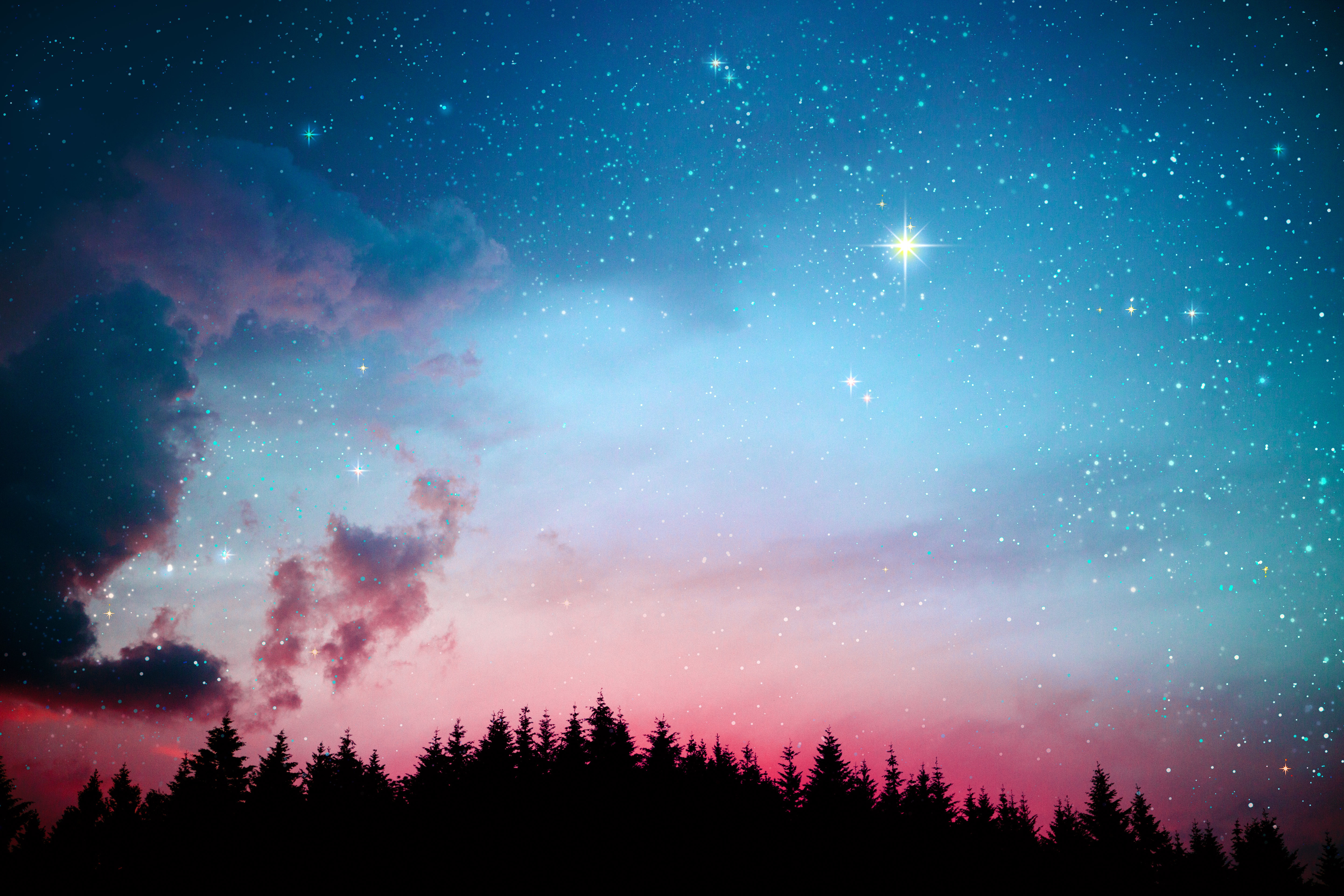 General 5760x3840 sky space stars galaxy dark lights pink night forest clouds digital art artwork
