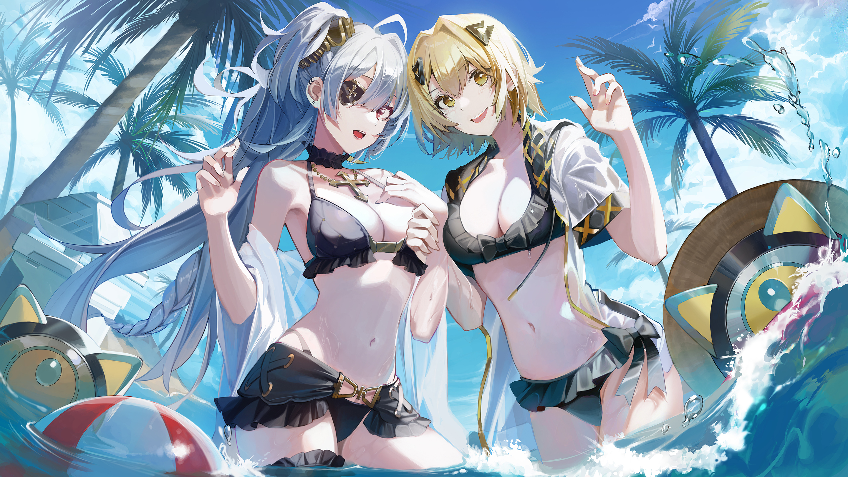Anime 2880x1620 Buri Alchemy Stars anime anime girls bikini water cleavage eyepatches long hair short hair standing in water sea palm trees beach ball two women water drops women outdoors boobs looking at viewer