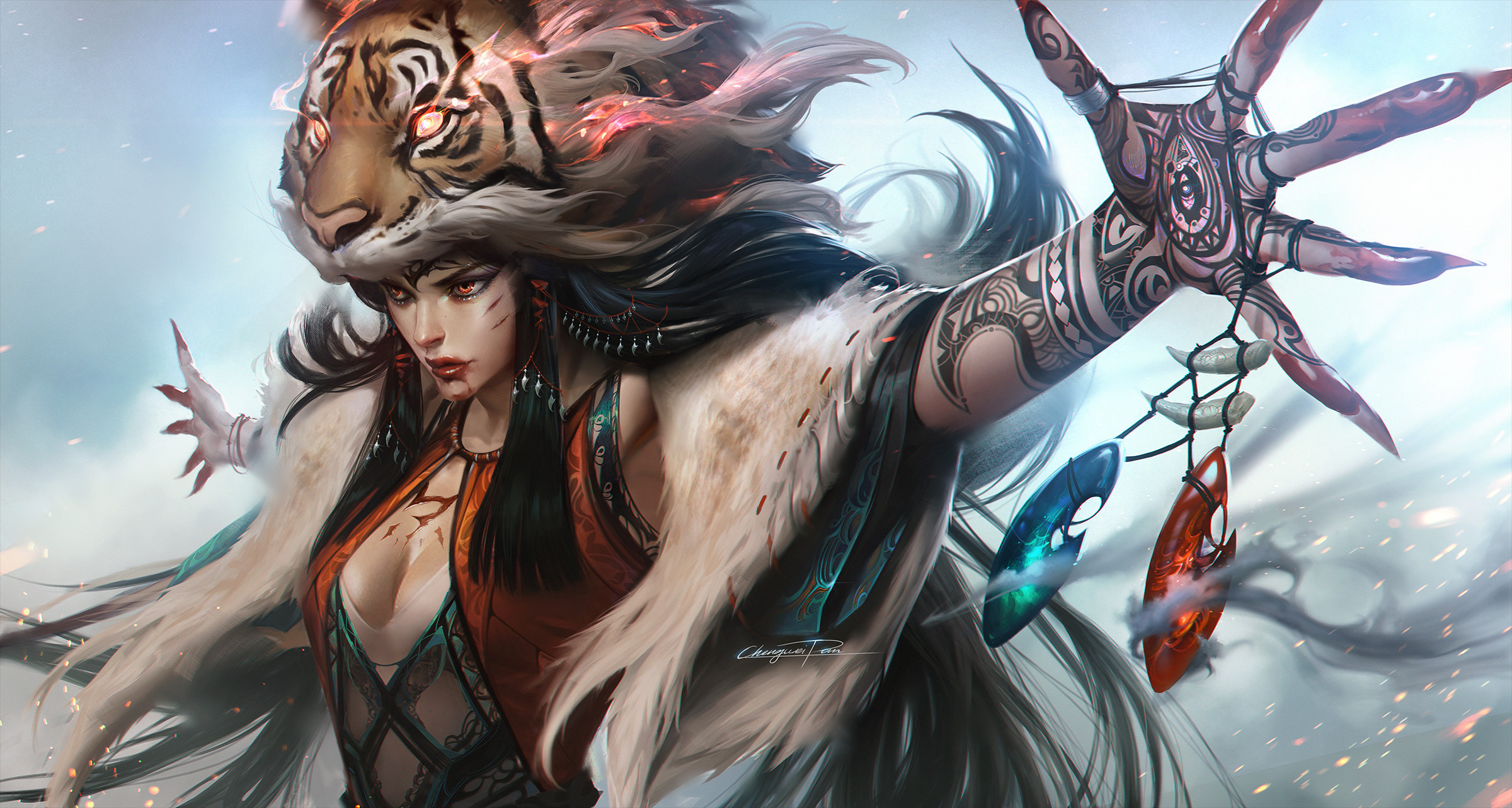 General 2400x1283 Chengwei Pan digital art artwork digital painting fictional character tiger witch