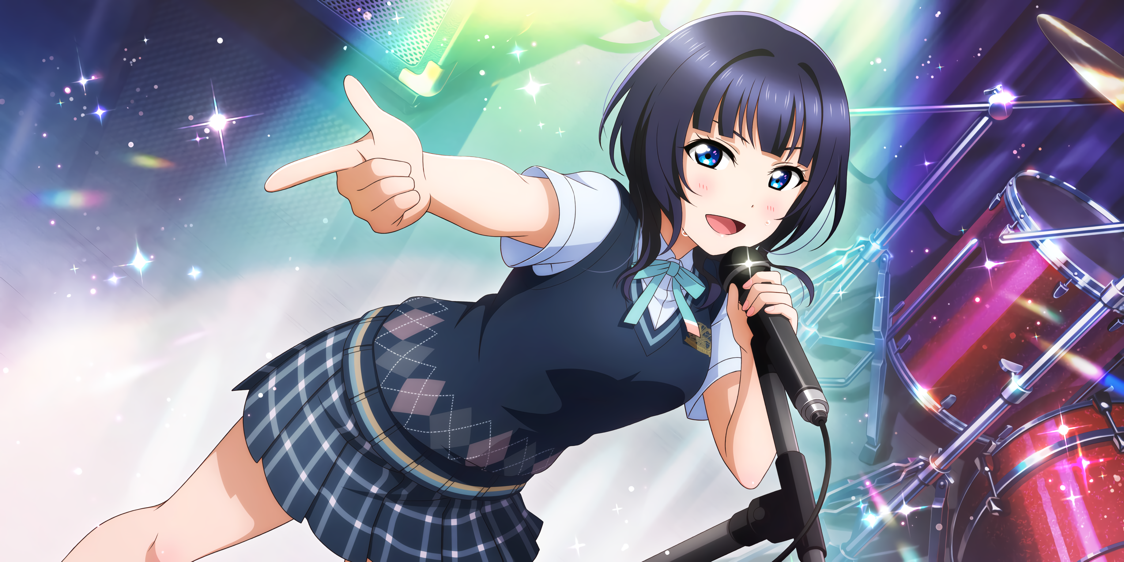Anime 3670x1836 Asaka Karin Love Live! anime anime girls drums microphone musical instrument dark hair blue eyes school uniform blushing