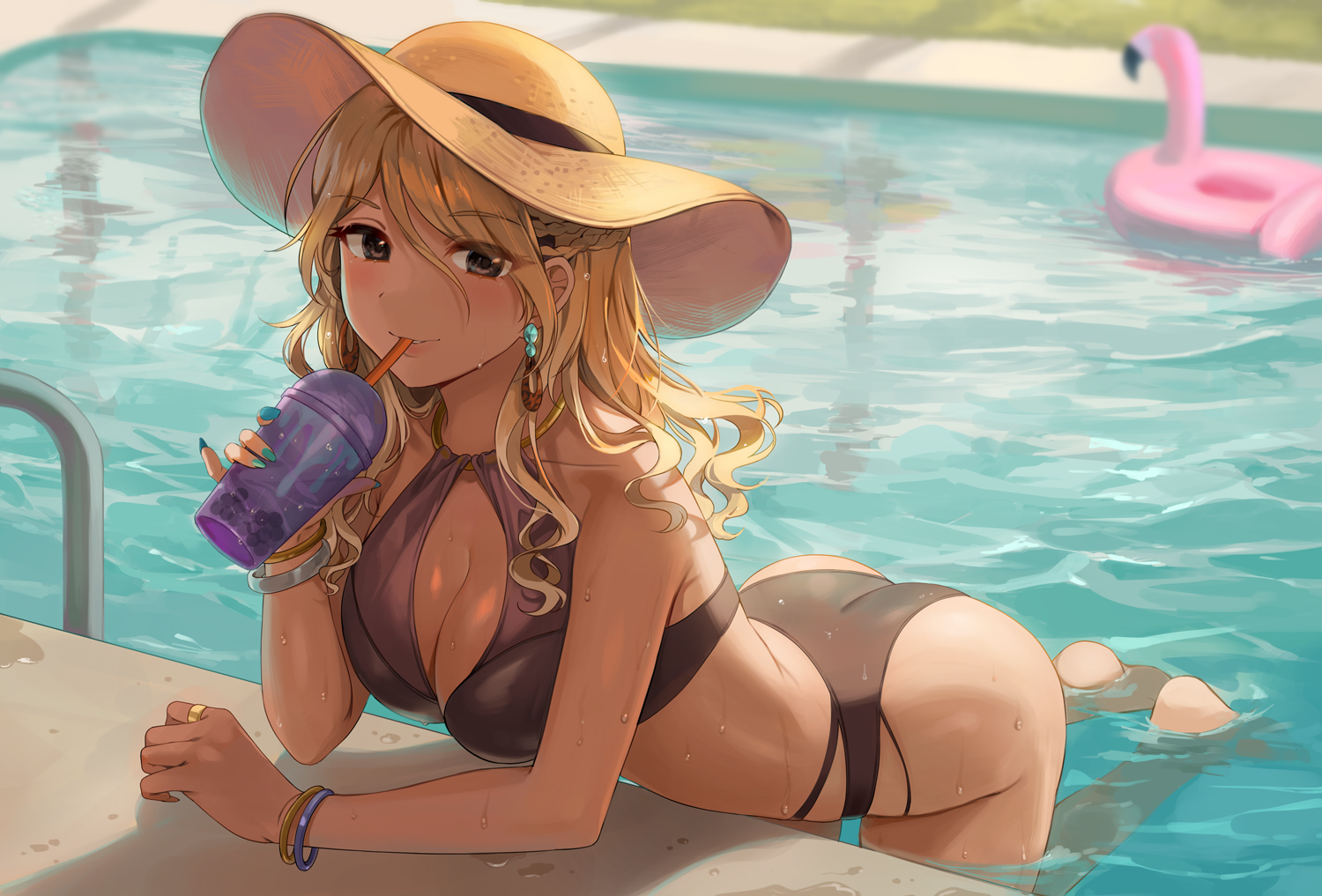 Anime 1500x1017 anime anime girls bent over water in water drink drinking swimwear cleavage straw hat Izumi Mei THE iDOLM@STER artwork Gijang