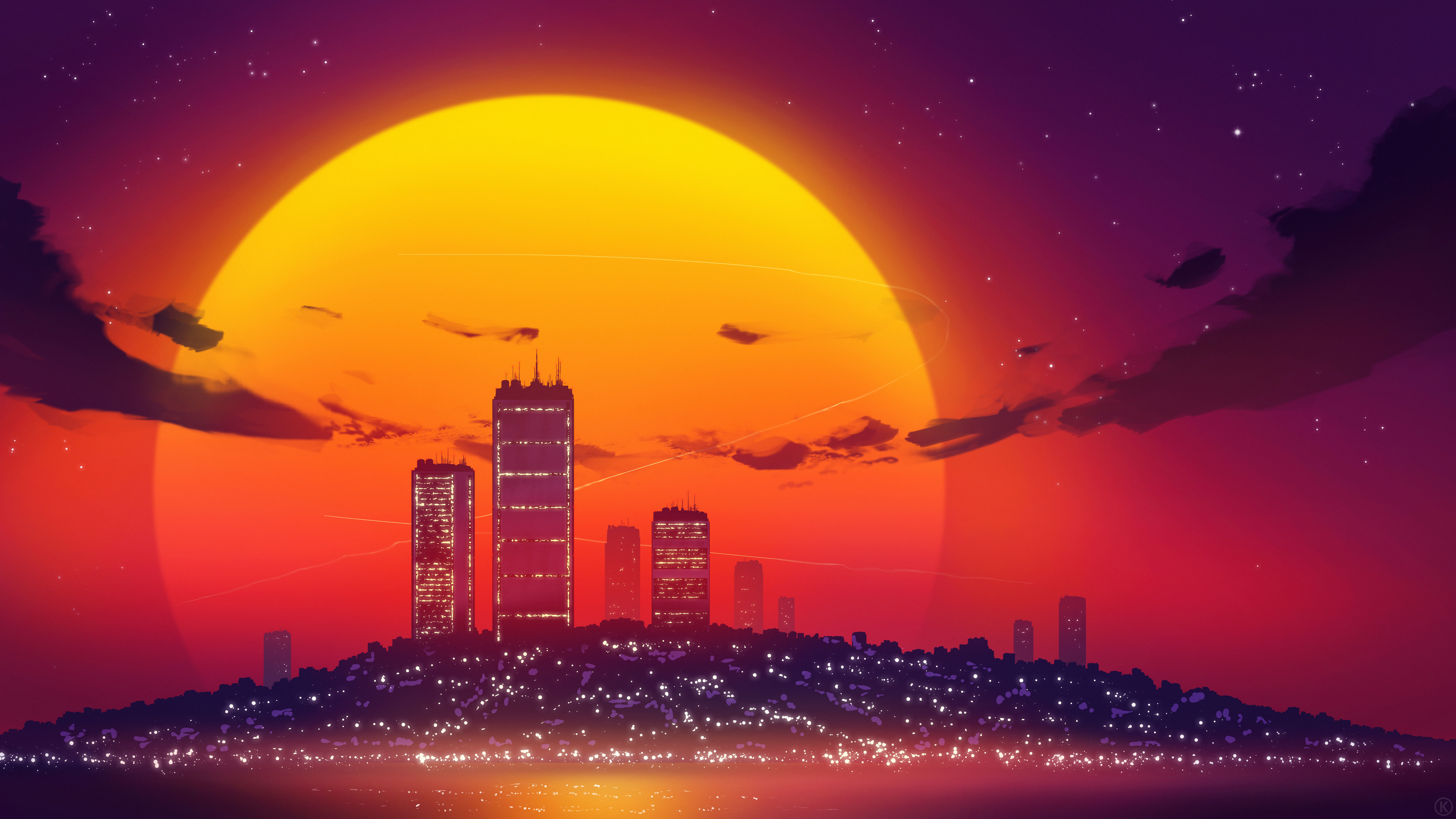 General 7680x4320 Kvacm digital art artwork illustration cityscape landscape sunset Retro Wave synthwave Sun city skyscraper city lights vaporwave stars clouds