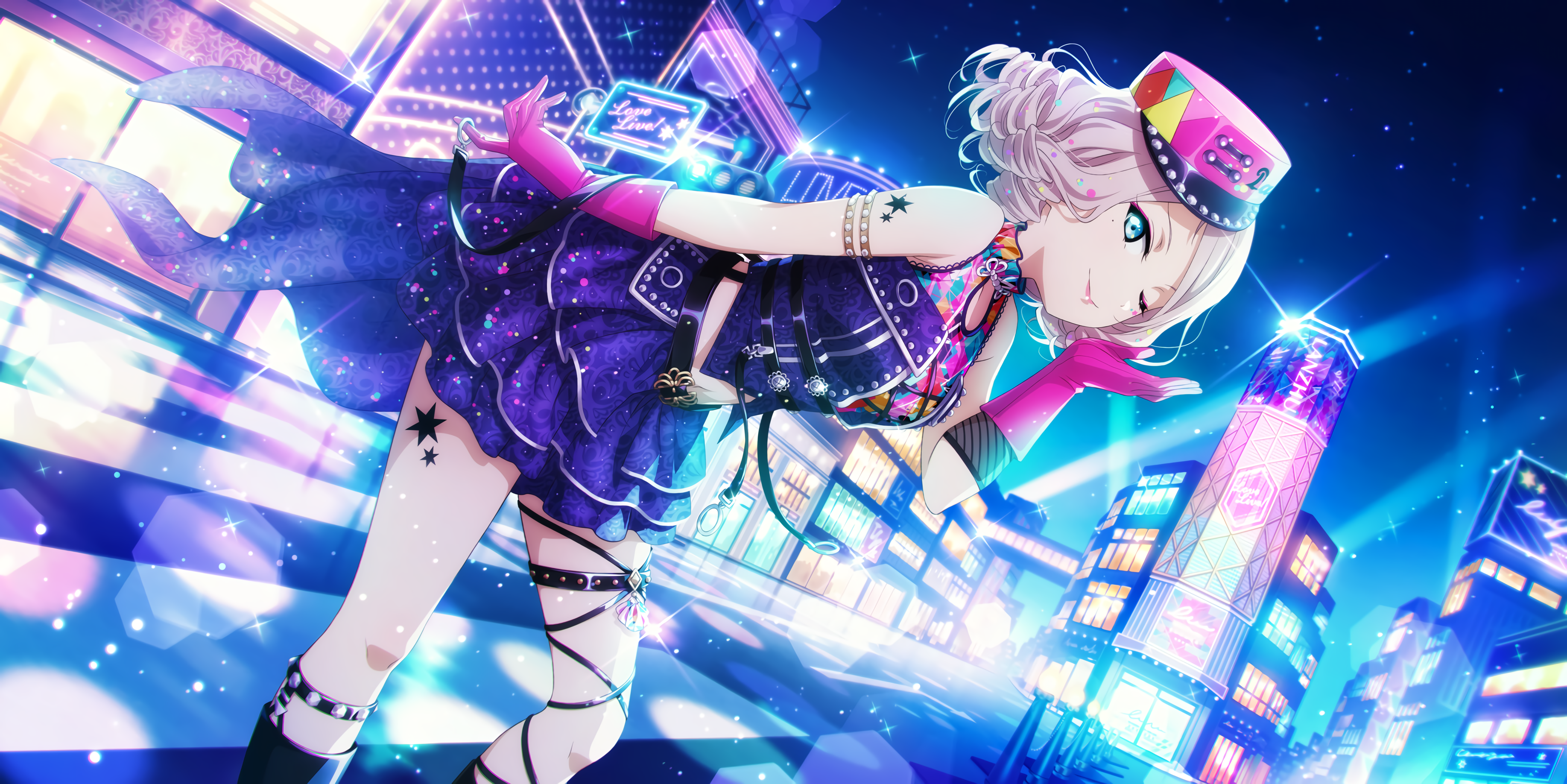Anime 3670x1836 Lanzhu Zhong Love Live! blue eyes wink blue dress blue clothing pink gloves gloves short hair hat anime bent over anime girls curly hair