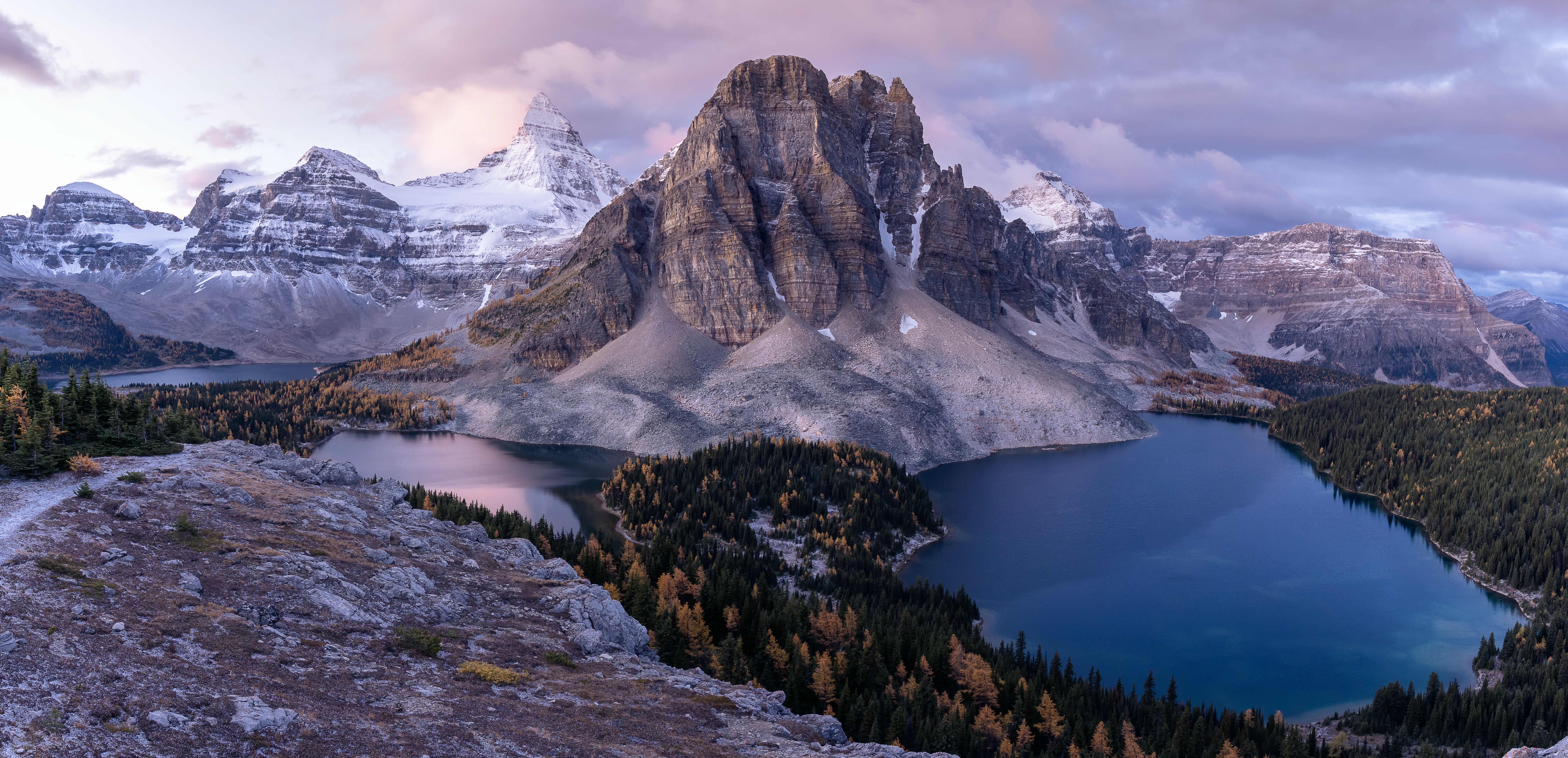 General 7990x3863 landscape nature photography mountains lake river snow trees forest clouds Mount Assiniboine Canada