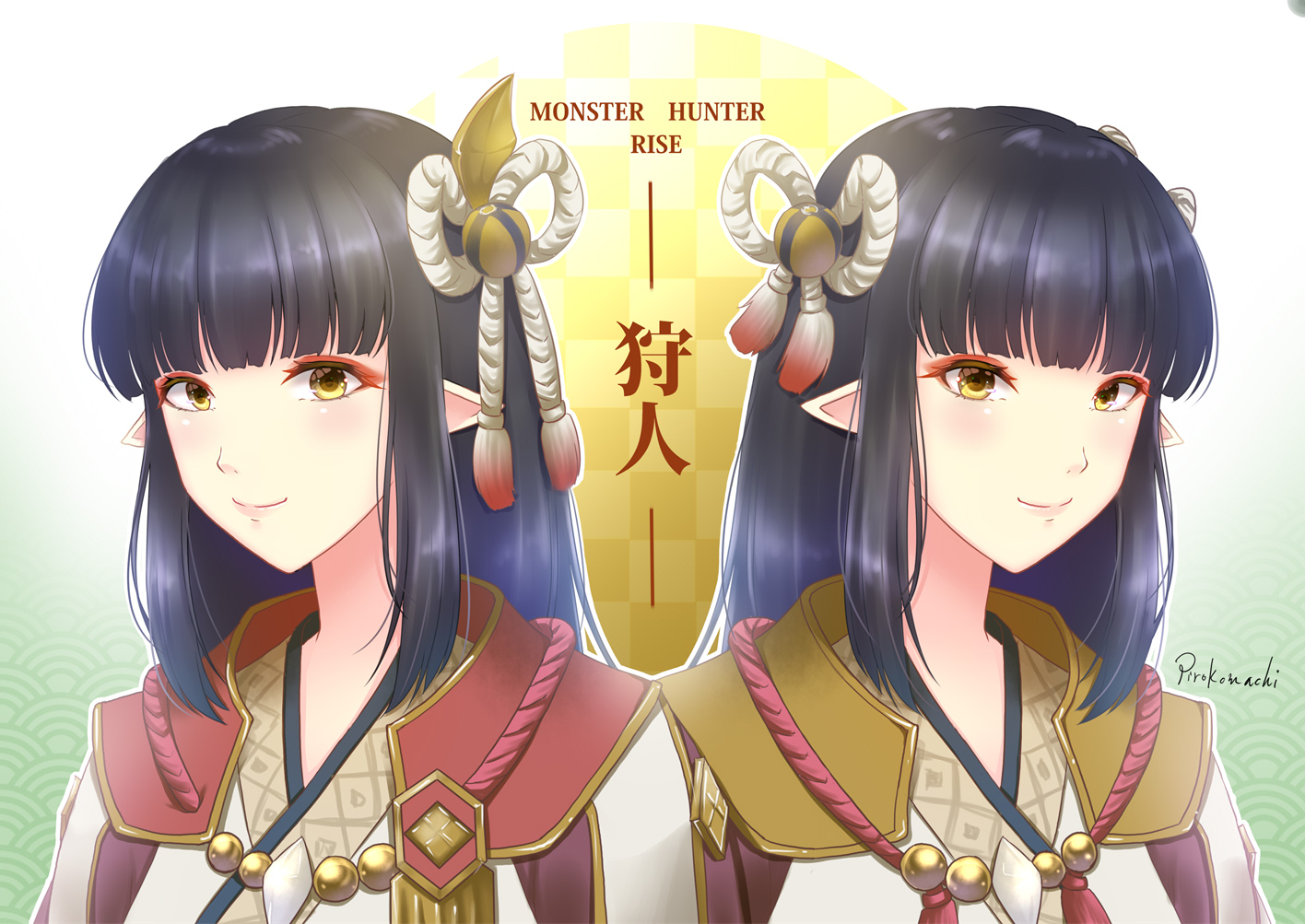 Anime 1416x1003 anime anime girls Monster Hunter Monster Hunter Rise twins long hair brunette Japanese clothes pointy ears Hinoa Minoto