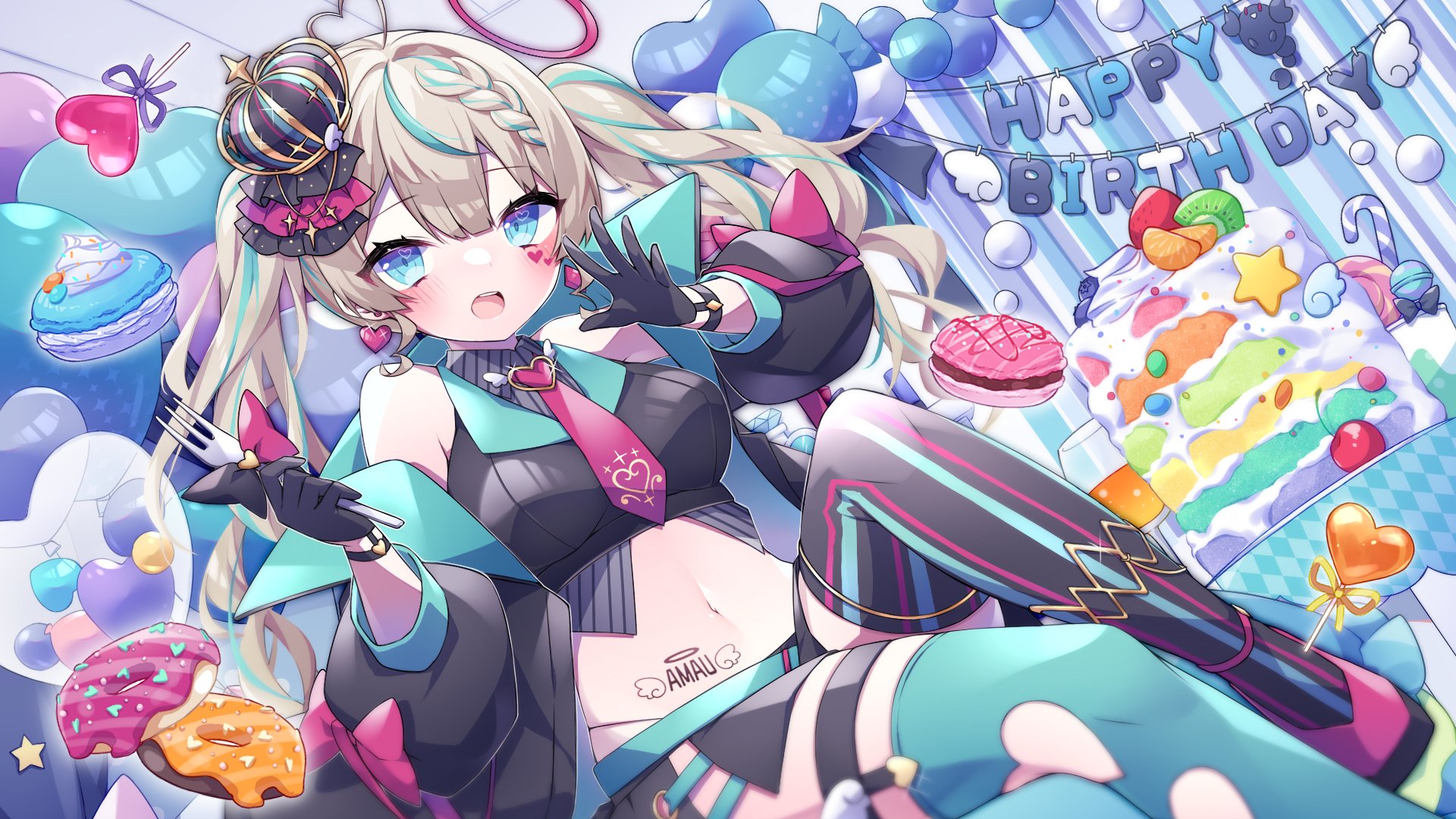 Anime 1920x1080 anime anime girls tie belly long hair food sweets fork stockings open mouth crown heart (design)