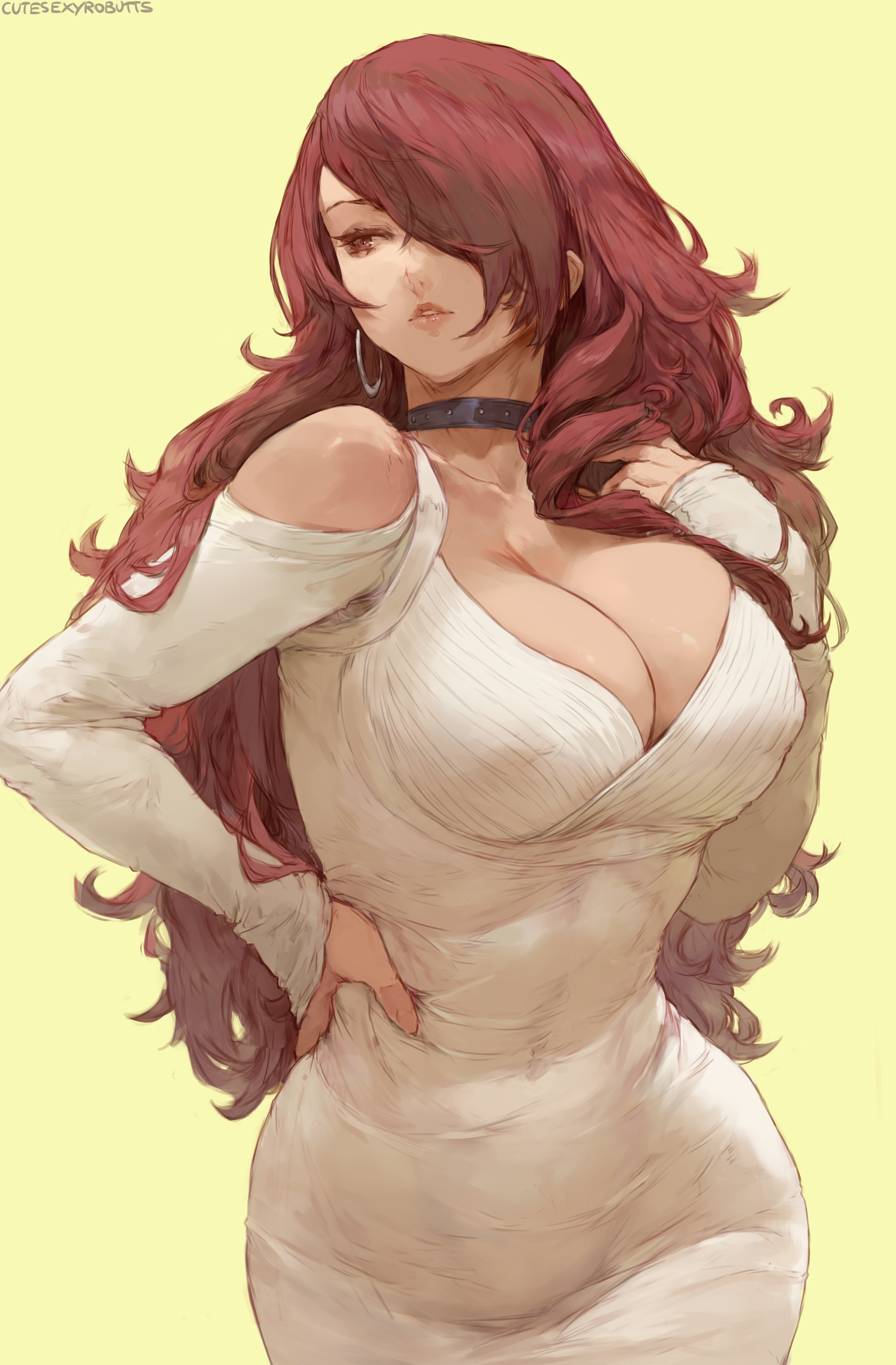 Anime 3612x5500 Kirijou Mitsuru Persona series Persona 3 video games anime anime girls redhead curvy choker cleavage dress tight clothing tight dress huge breasts simple background parted lips 2D artwork drawing fan art Cutesexyrobutts