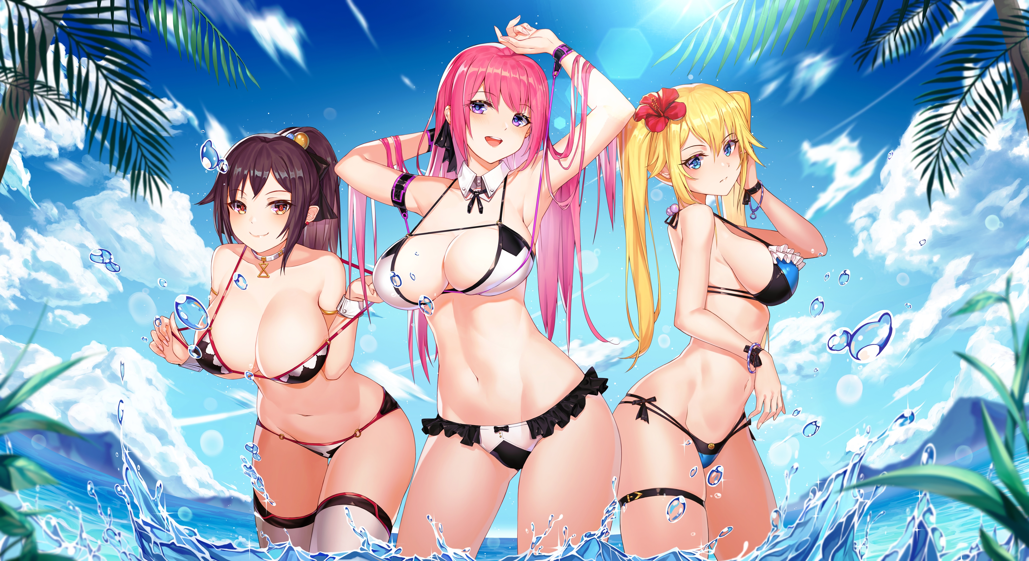 Anime 3960x2160 Btraphen anime anime girls bikini water smiling belly big boobs cleavage sideboob long hair brunette pink hair blonde women trio group of women standing in water arms up string bikini micro bikini palm trees clouds hibiscus looking at viewer water drops bubbles