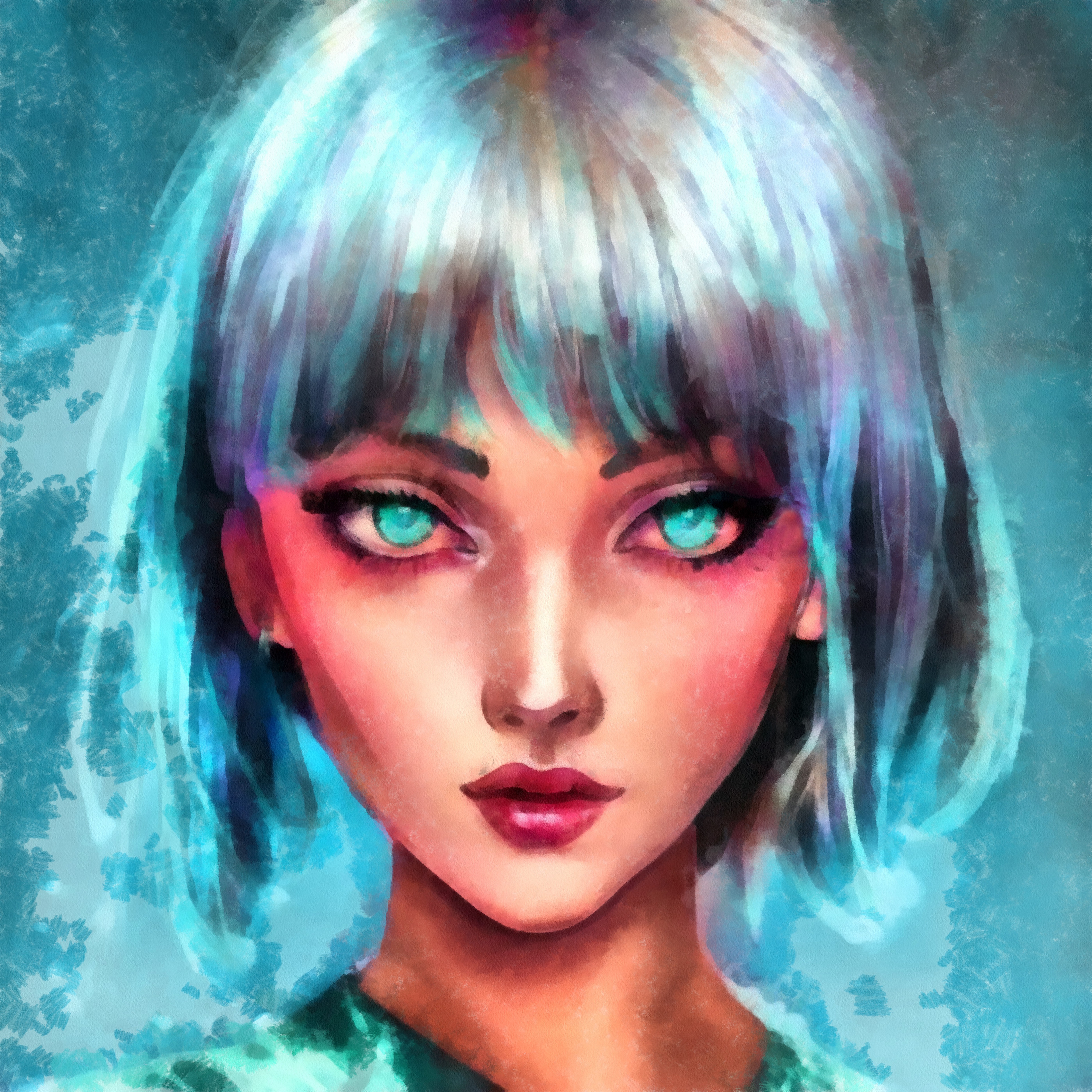 Anime 5590x5590 illustration makeup face women watercolor portrait turquoise blue eyes cyan