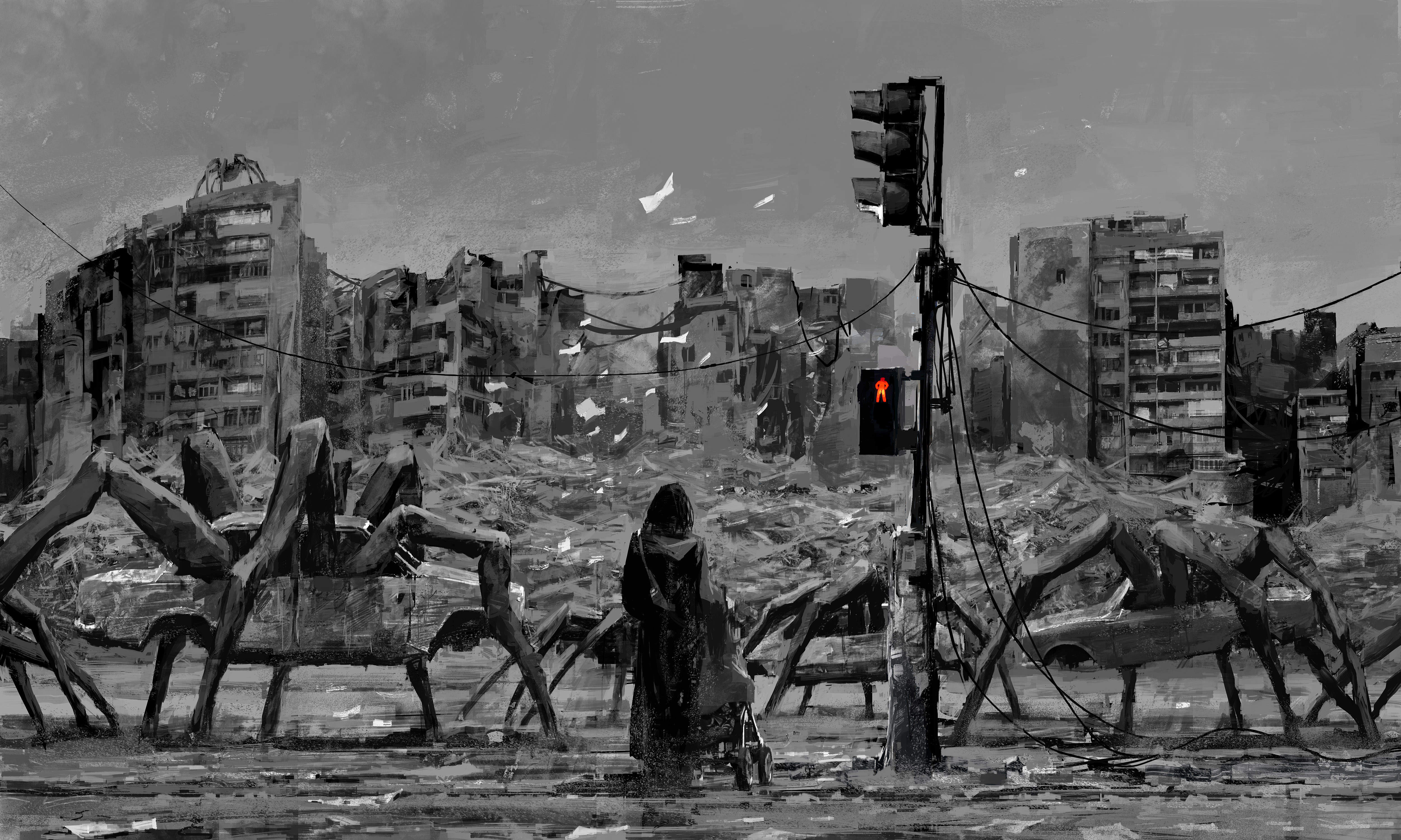 General 5000x3000 digital art artwork fantasy art creature Alexey Andreev wreck monochrome ruins apocalyptic dystopian traffic lights spider