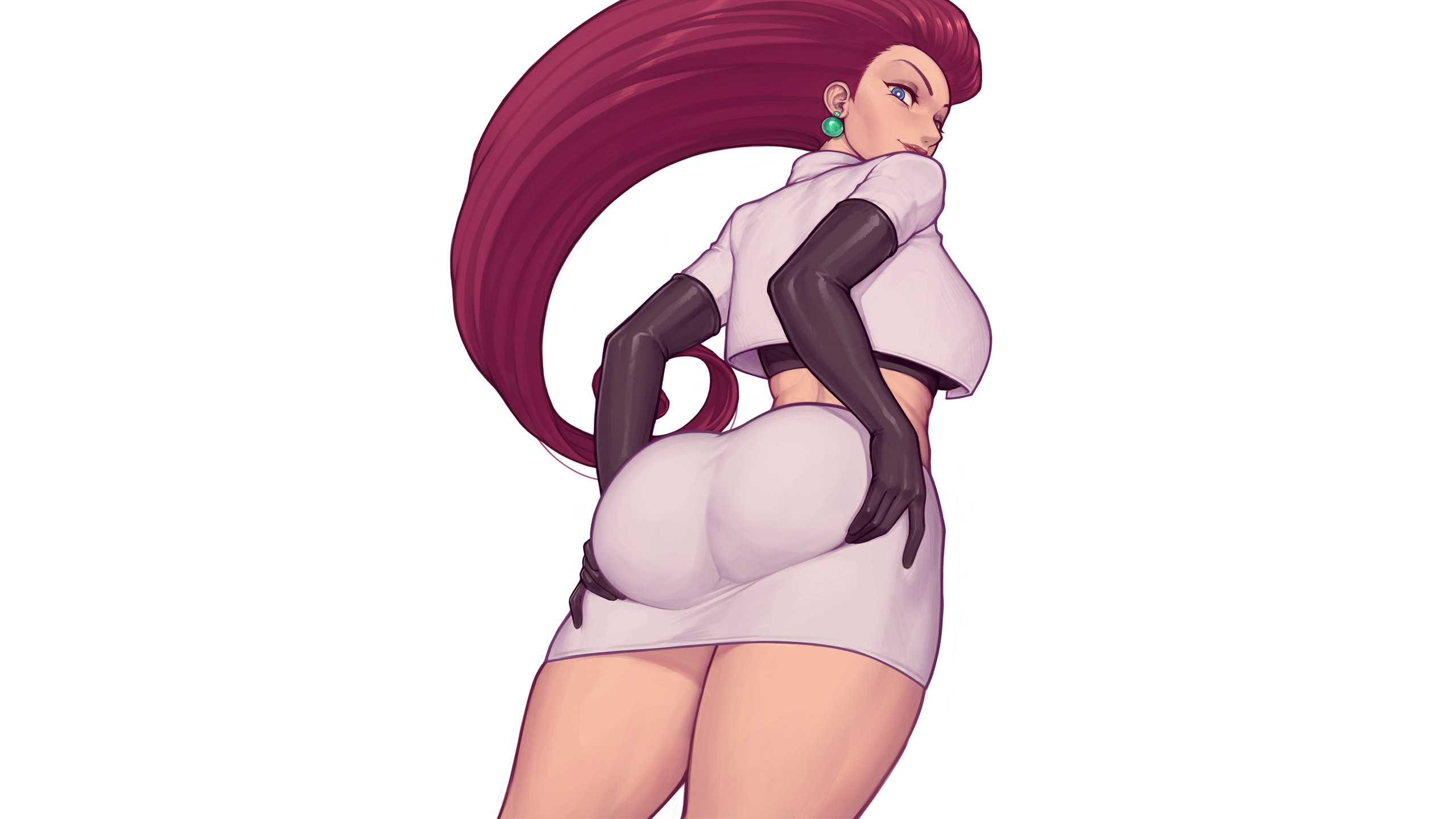 Anime 2560x1440 anime anime girls simple background ecchi Pokémon Jessie (Pokémon) ass thick ass thighs thick thigh miniskirt Asura (Artist) booty scoop white background long hair minimalism looking at viewer earring looking back elbow gloves