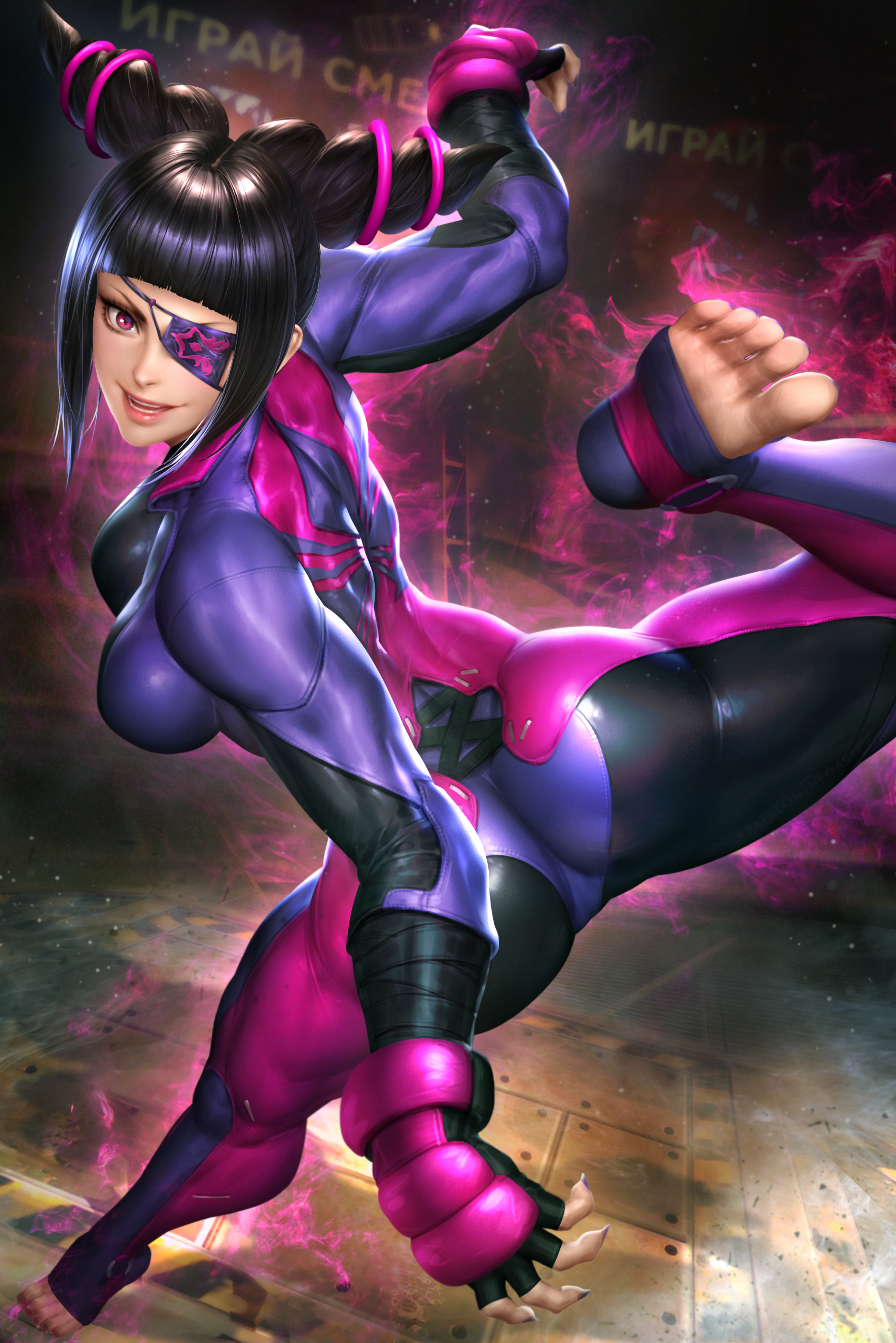 General 2400x3597 Street Fighter video games video game girls Capcom portrait display looking at viewer smiling bangs eyepatches bodysuit jumpsuit tight clothing ass artwork drawing illustration fan art NeoArtCorE (artist) video game warriors spread legs Han Juri