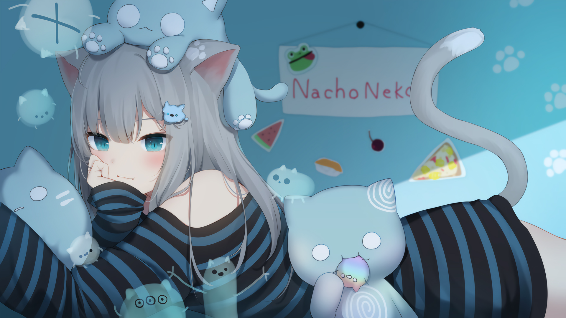 Anime 1920x1080 cat girl anime girls animal ears tail gray hair aqua eyes lying on front nacho neko artwork Amashiro Natsuki