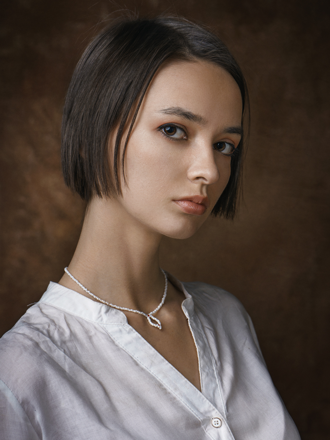 People 1080x1443 Aleksey Gurylev women dark hair short hair brown eyes looking at viewer white clothing simple background portrait