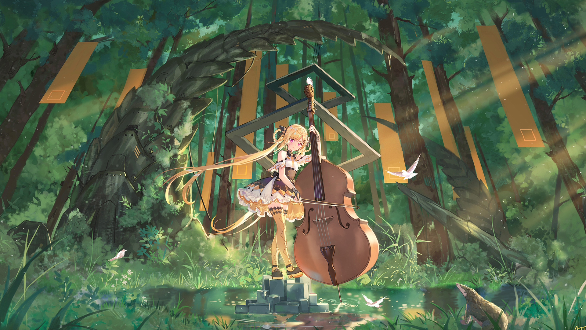 Anime 1920x1080 anime girls flower dress anime musical instrument forest blonde long hair twintails purple eyes dress thigh-highs Shian Synthesizer v Atdan artwork contrabass Double bass